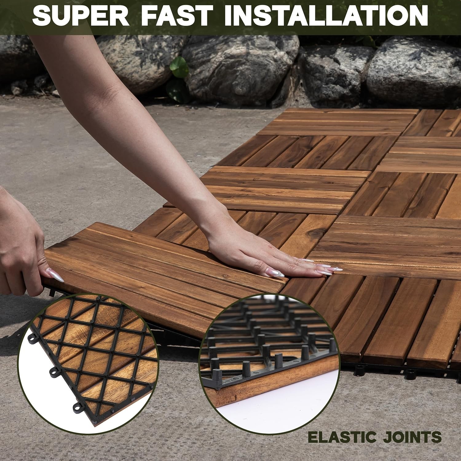 Natural 12×12 Interlocking Acacia Wood Deck Tiles – Anti-Slip for Pools & Patios