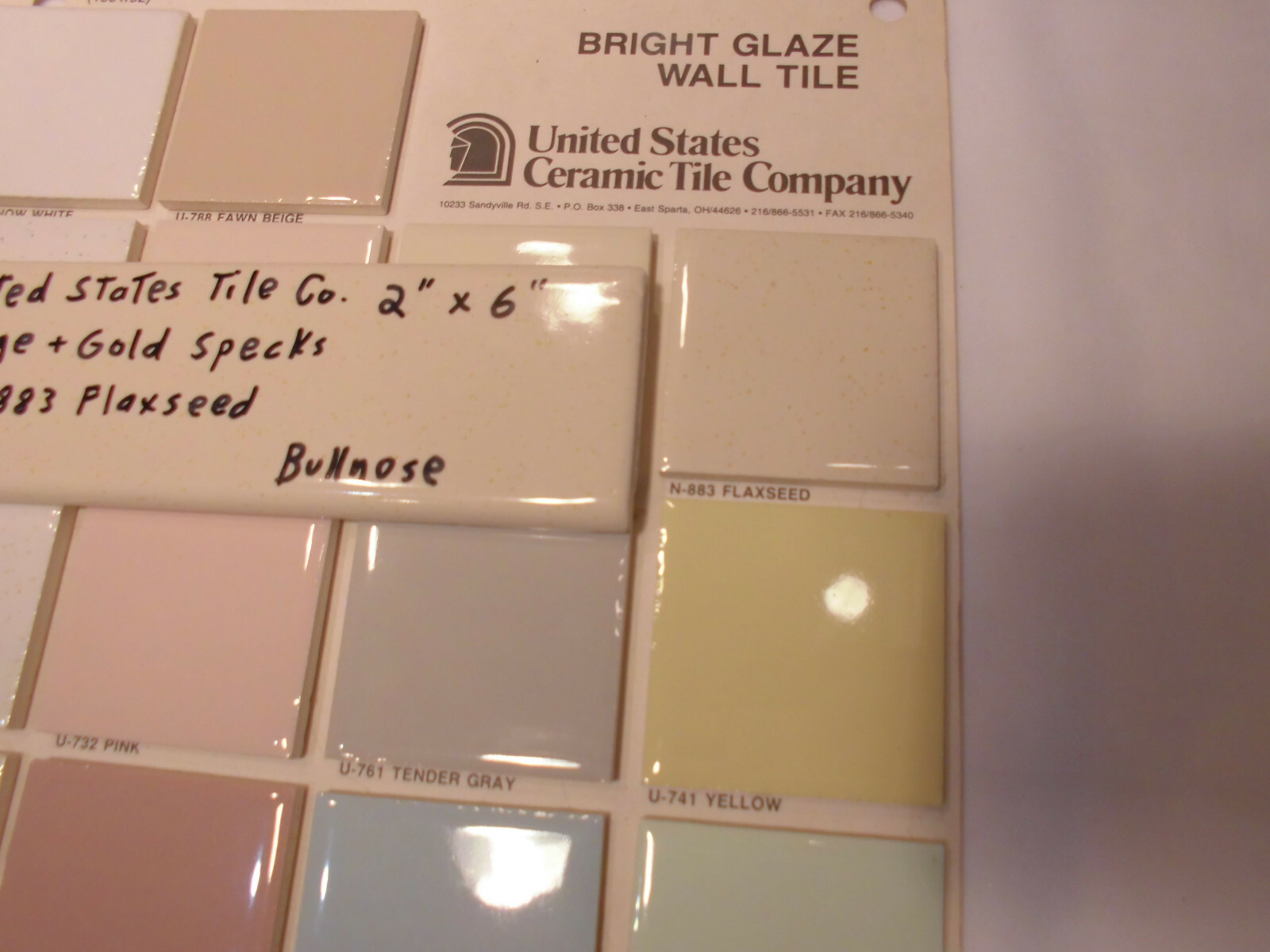 1 pc. Flaxseed / Beige + Gold Specks; Glossy Bullnose Surface Flat Ceramic Tile