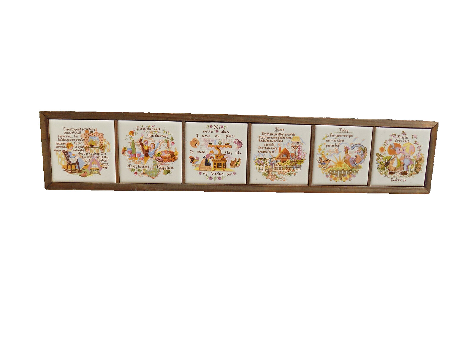 Vtg folk art 6 Country Tile Set Framed Cross stitch style Kitchen Home Kissin +