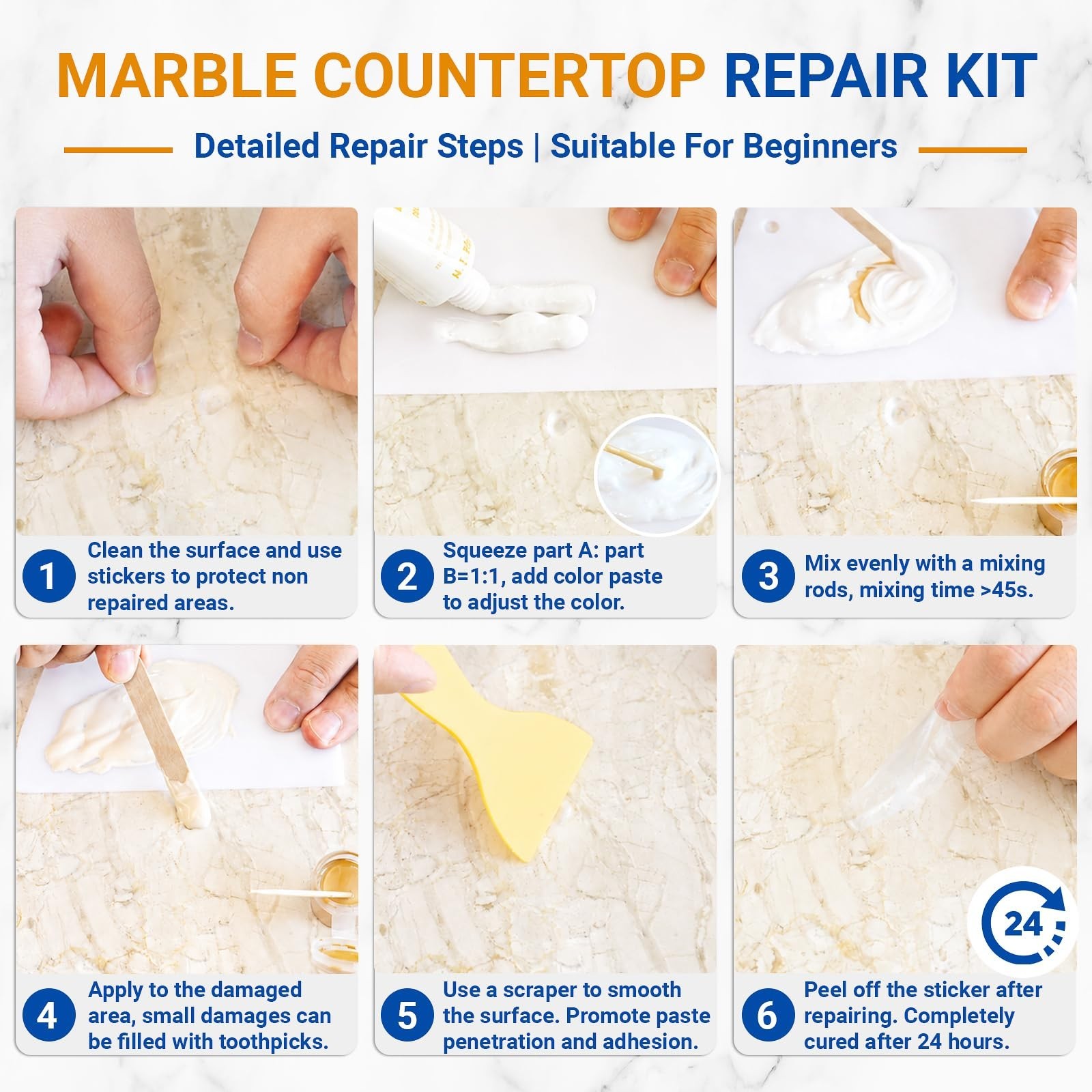 Marble & Granite Countertop Repair Kit – 160g for Chips, Cracks, Scratches & Den
