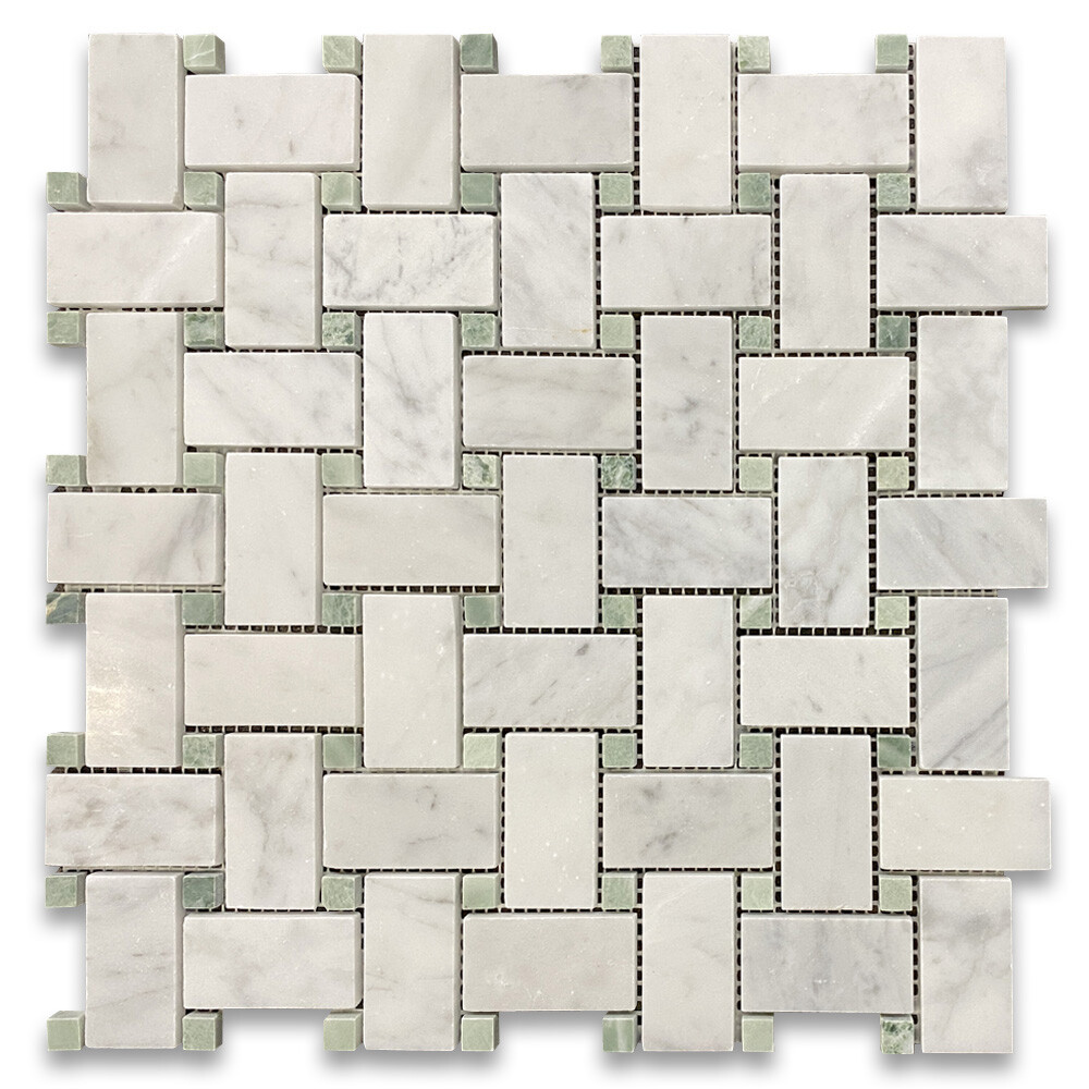L652XH Basketweave Statuary White Marble 1×2 Mosaic Tile Green Dot Honed