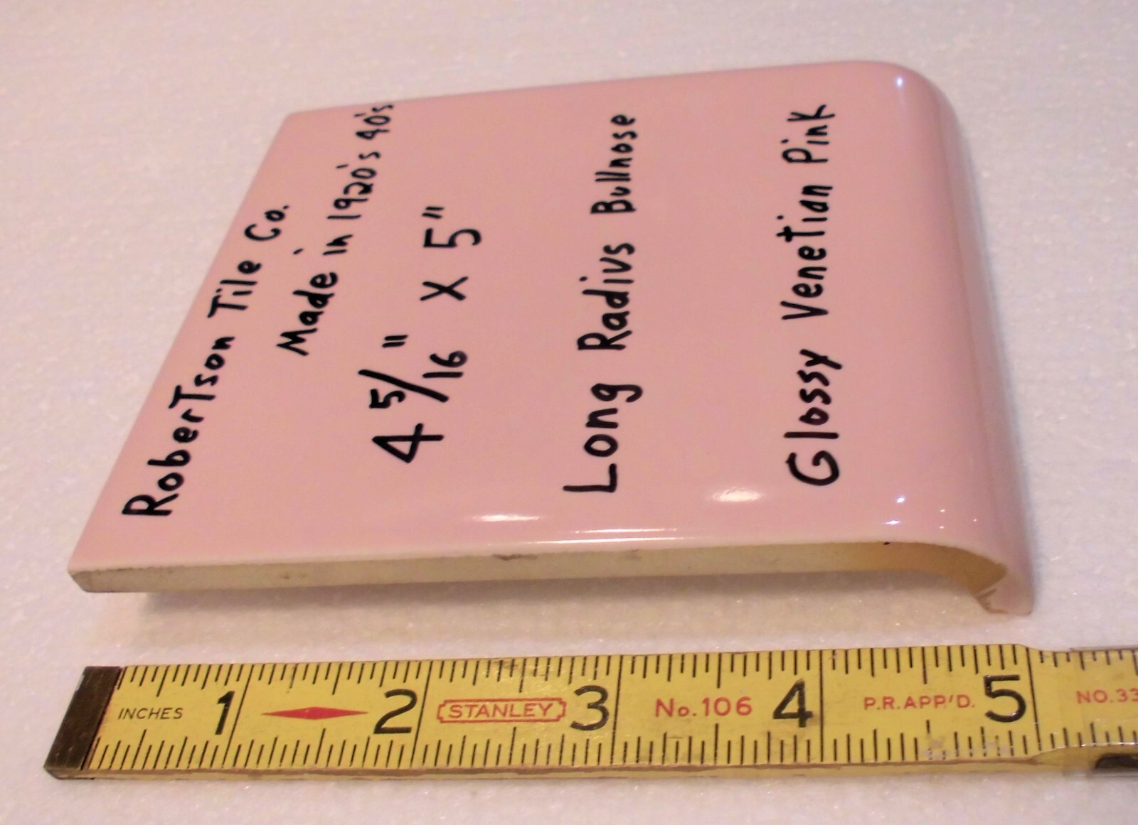 1 pc. Venetian Pink: Glossy Ceramic Radius Bullnose Tile 4-5/16″ X 5″ Robertson