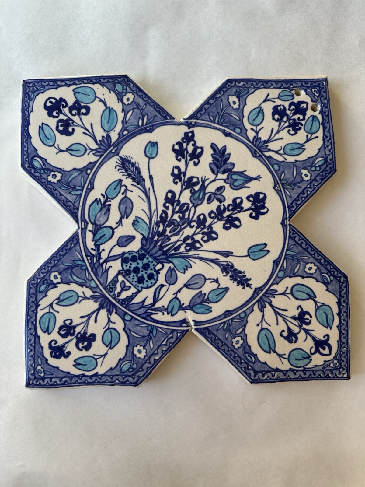 Large Vintage Hand Made Tile Wqll Art Blue Flower Floral Signed James 15″ NB3