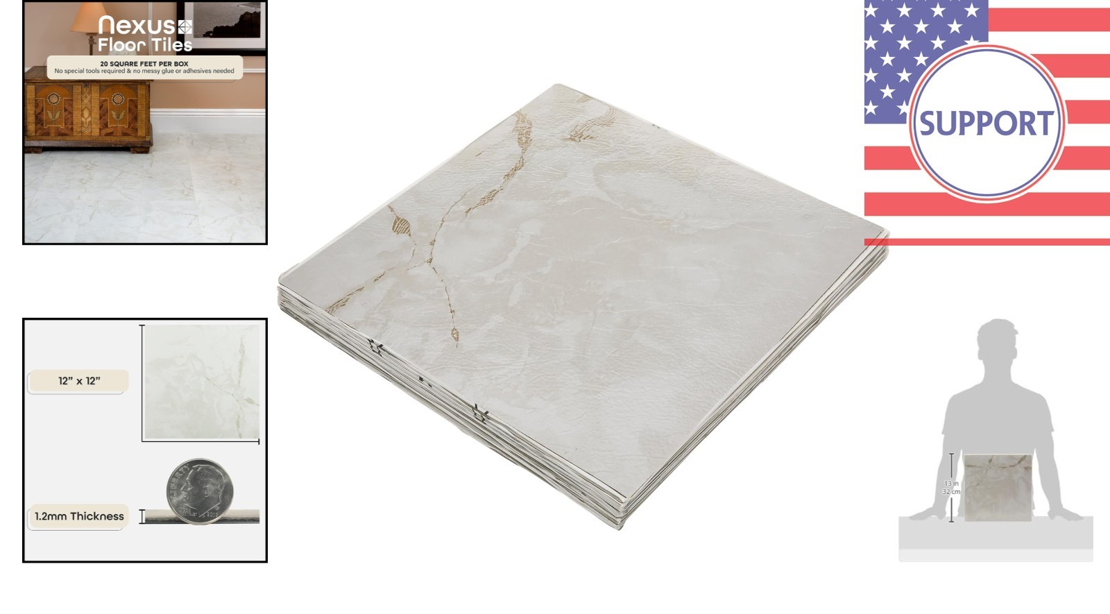 20 Pack – Classic White Vinyl Floor Tiles 12″ x 12″ with Grey Veins Pattern