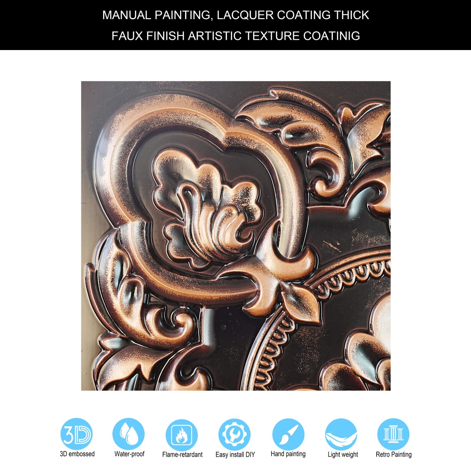 PVC Ceiling Tile 3D Embossed Wall Panel PL30 Traditional copper 10pc PAINTSDECOR