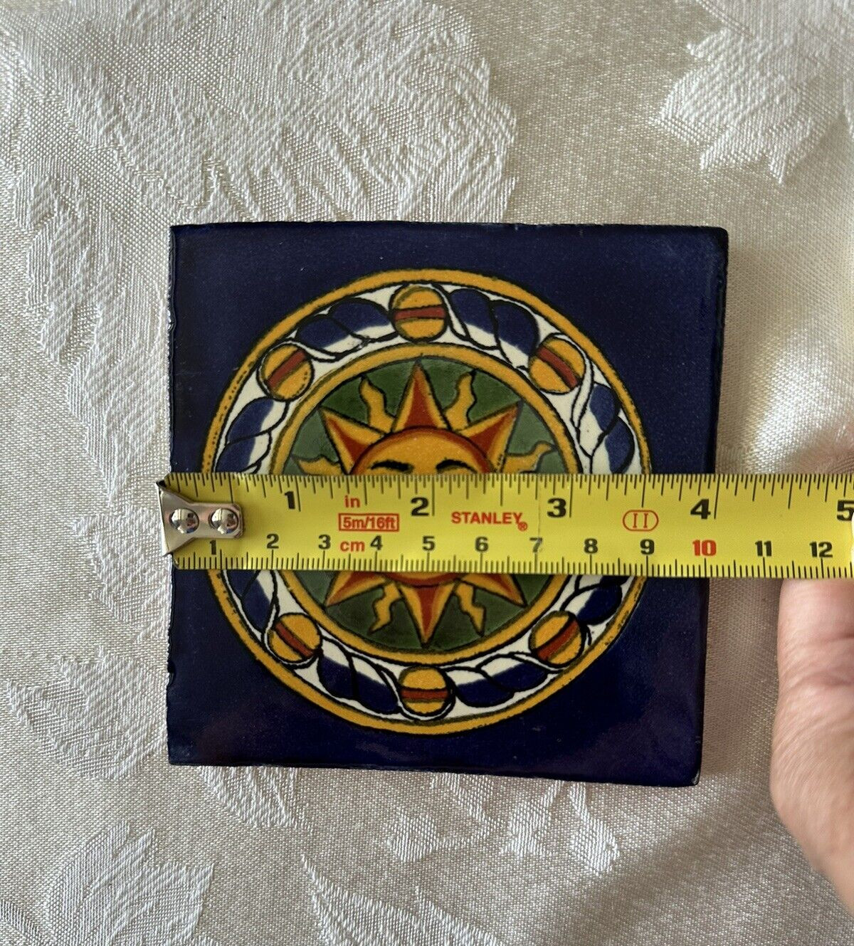 Mexican Red Clay Tile Folk Art Sun Handmade Talavera Backsplash Hand painted 4″