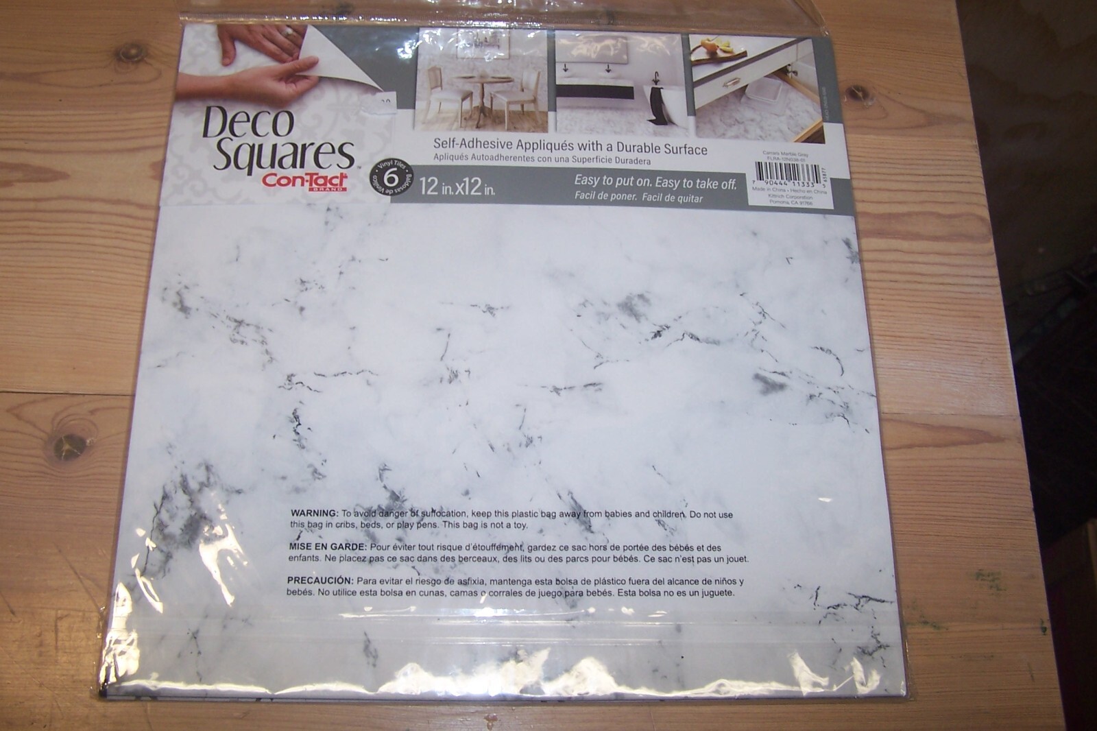 12 Tiles Contact Deco (2 Pks) Squares 12″x12″ Vinyl 6 Per Pk Carrara Marble Gray