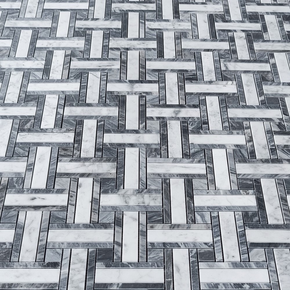 C66A7XH Carrara White Marble Twine Basketweave Mosaic Tile Bardiglio Gray