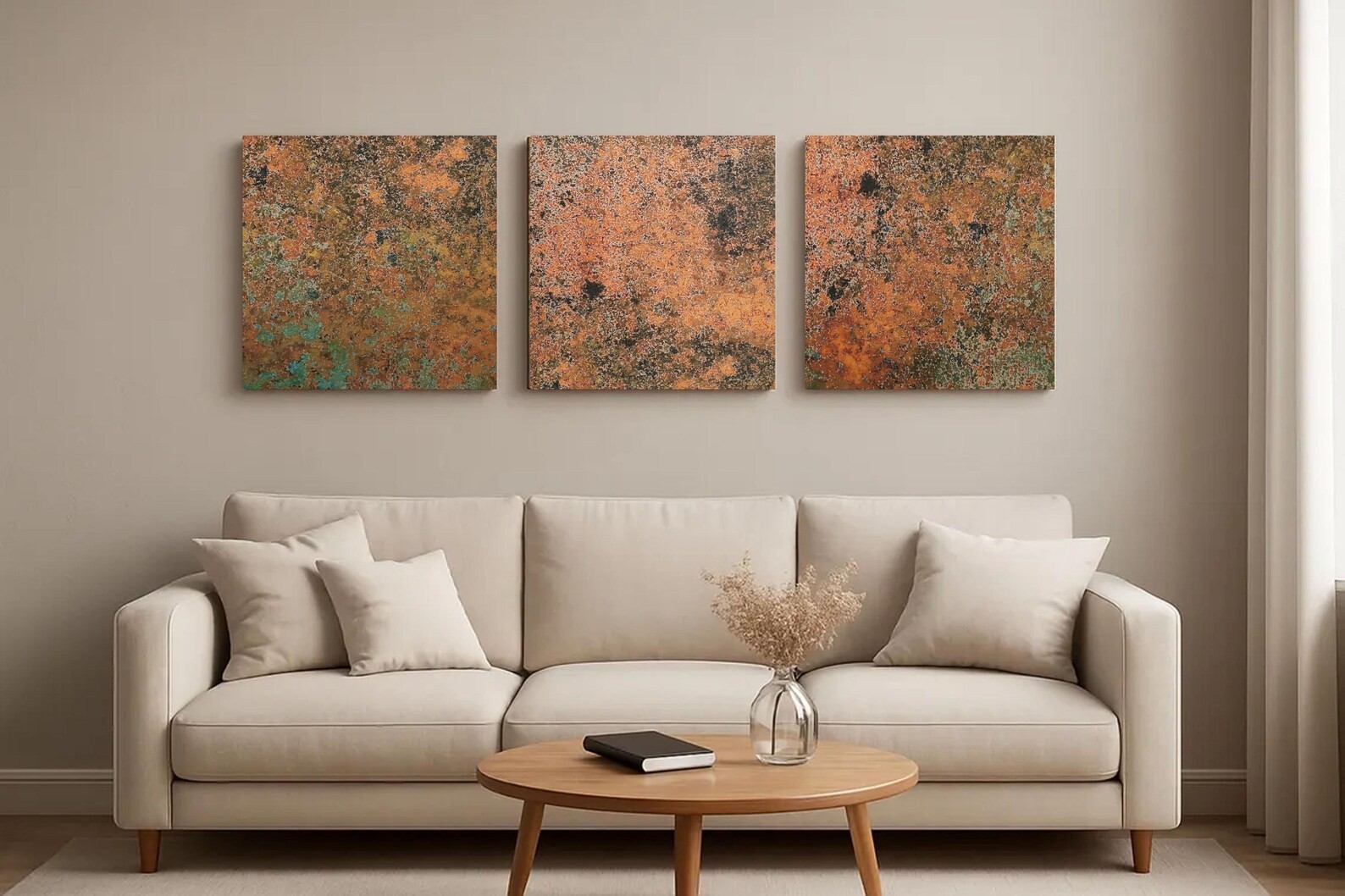 Real Copper Wall Art – 3 Panel Metal Artwork Abstract Patina Decor Handcrafted