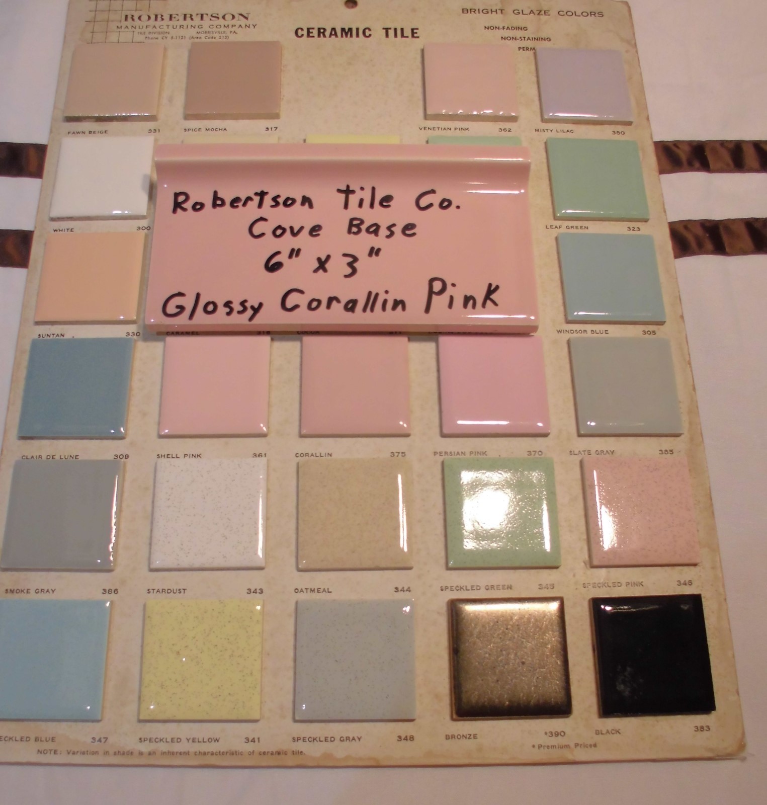 1 pc. *Corallin Pink* stack-on base/cove Ceramic Tile by Robertson Co. 3″ X 6″