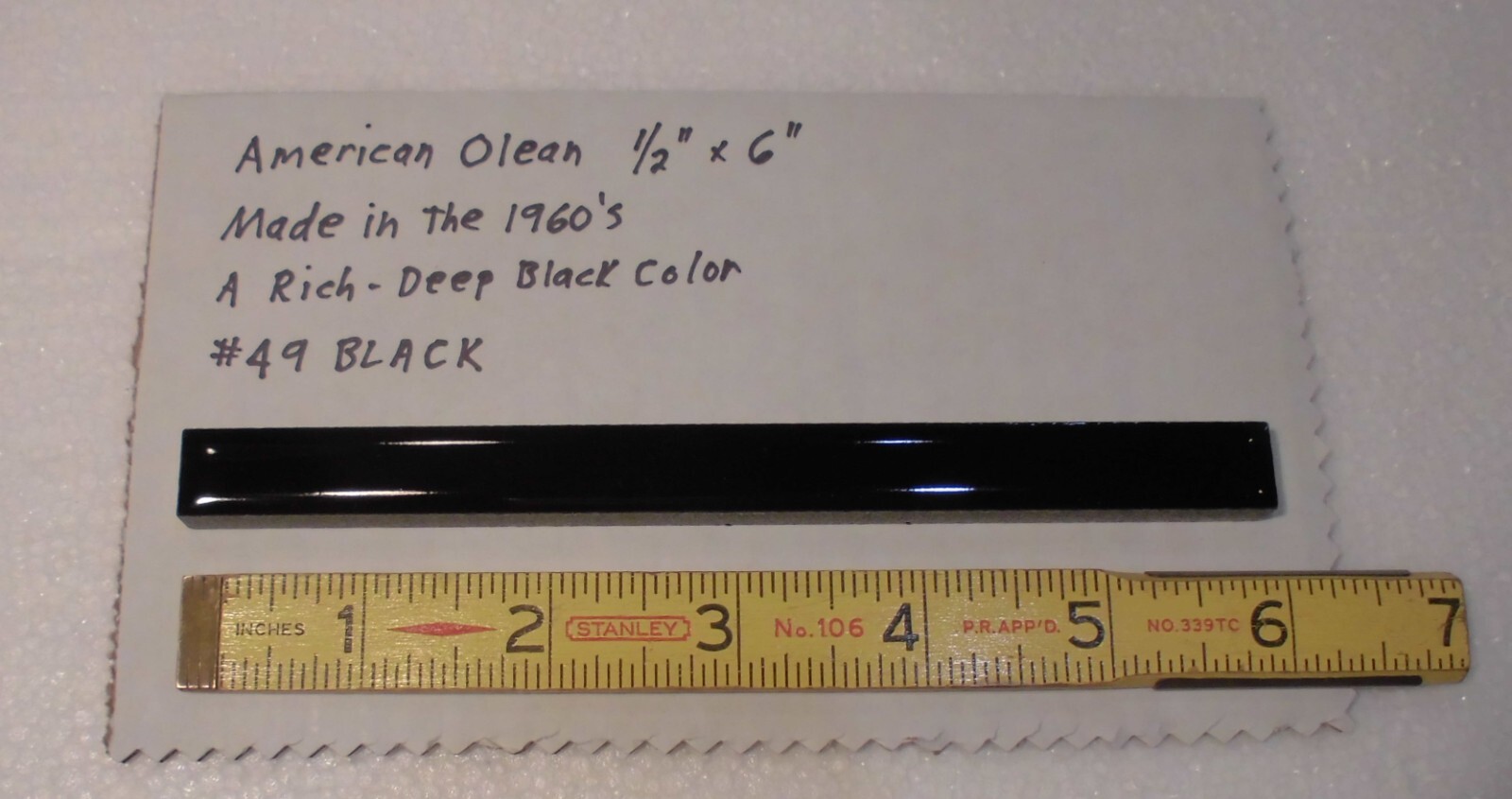 Gloss Dark Black Ceramic Liner-Sizzle Tile 1/2″ X 6″ American Olean, made 1960’s