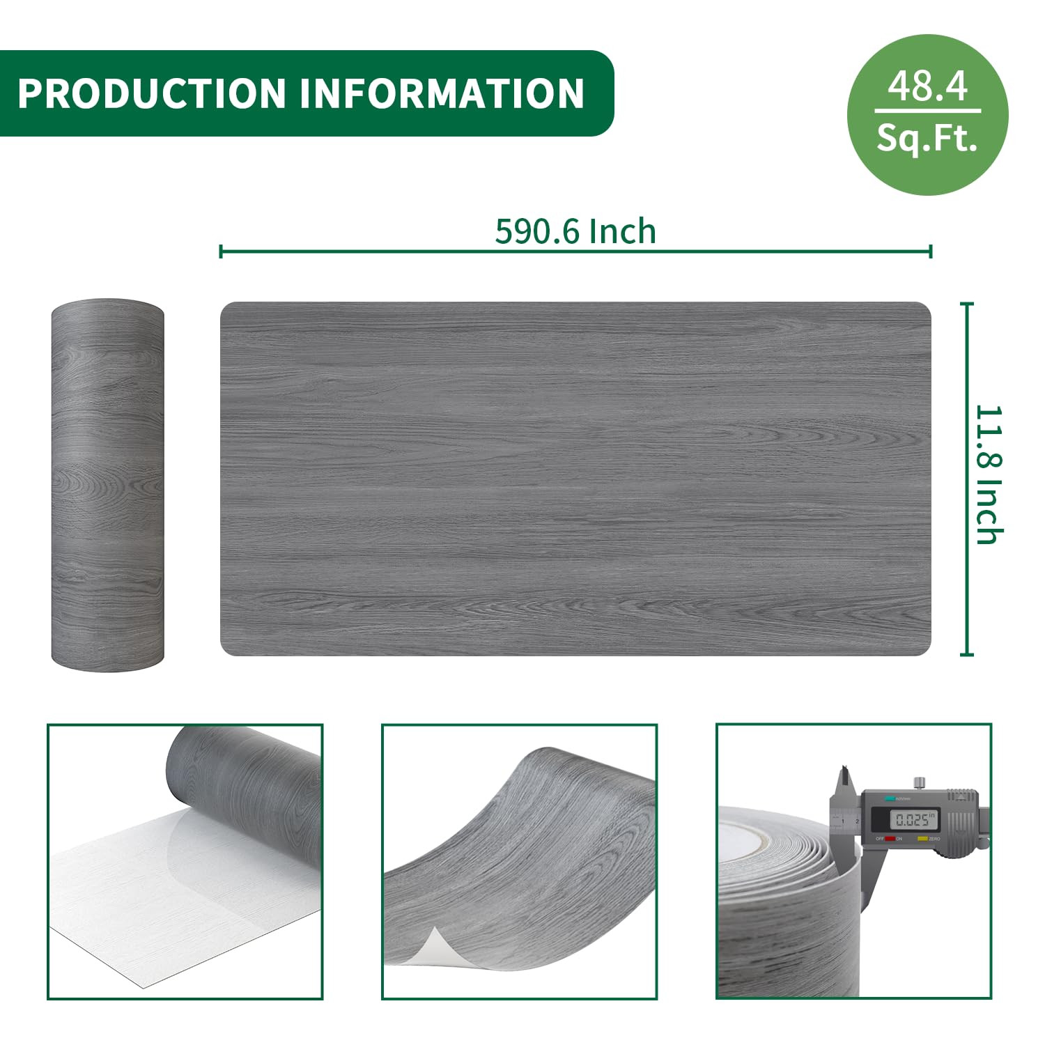 Peel and Stick Floor Tile 11.8” X 590” Vinyl Flooring Roll Cover 48.4 Sq.Ft. Wat
