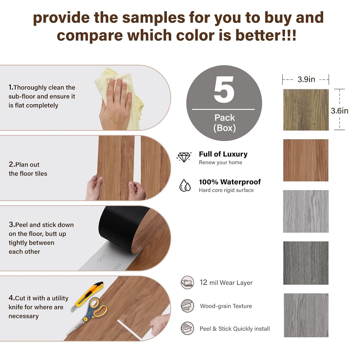 Peel and Stick Floor Tile Vinyl Flooring, Waterproof Vinyl Plank Flooring 5-Pack