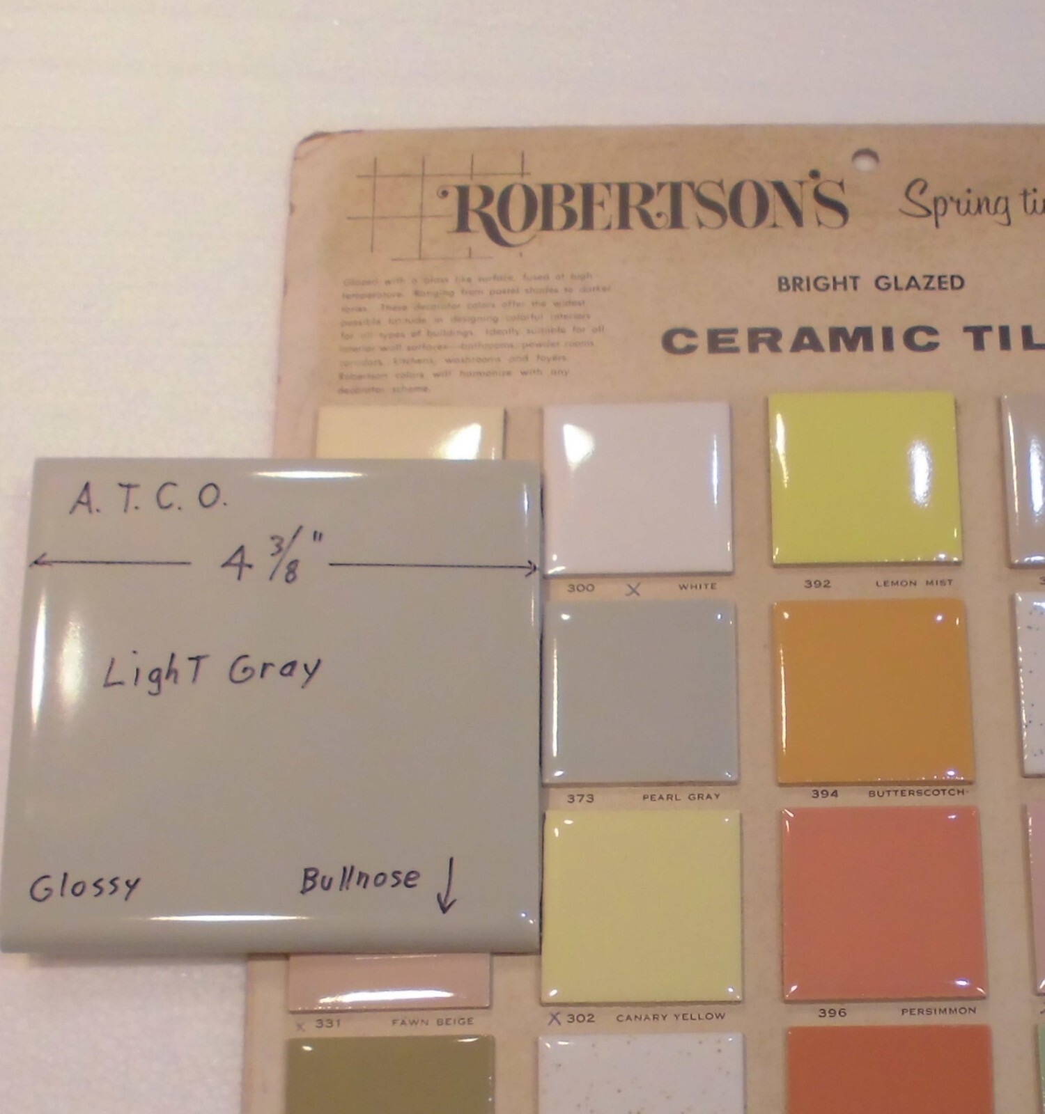 1 pc. Light Gray: 4-3/8″ Glossy Ceramic Bullnose Tile by A.T.C.O. , Pearl Gray