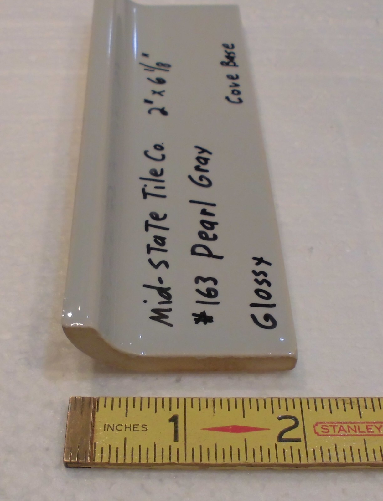 1 pc. Pearl Gray: 2” X 6-1/8” Glossy Ceramic Cove Base Tile, Flat Top, NOS