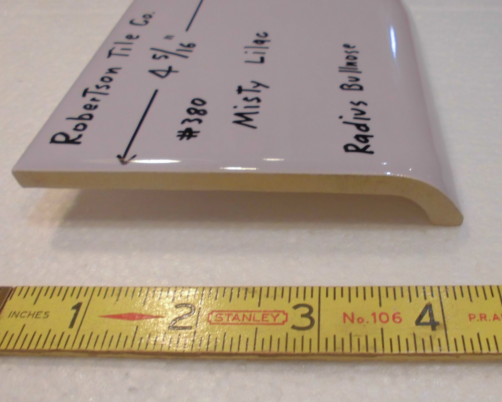 1 pc. Radius Bullnose; Misty Lilac: Glossy Ceramic Tile by Robertson 4-5/16″