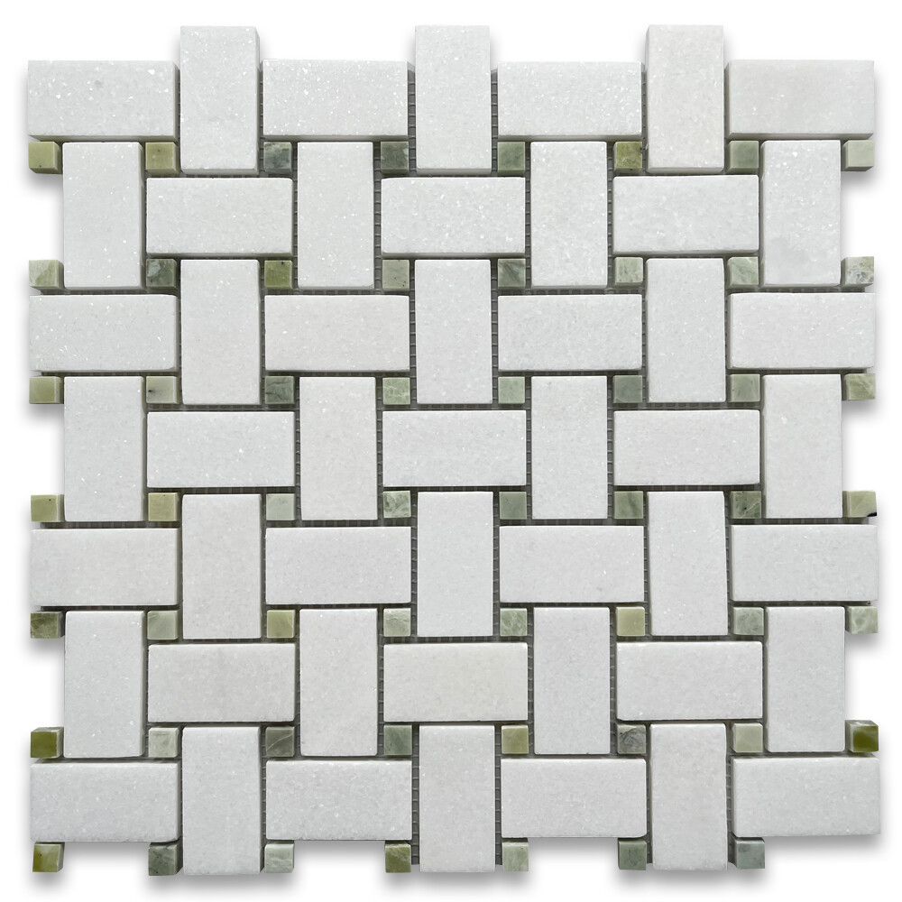 T652XH Thassos White Marble 1×2 Basketweave Mosaic Tile Green Dots Honed