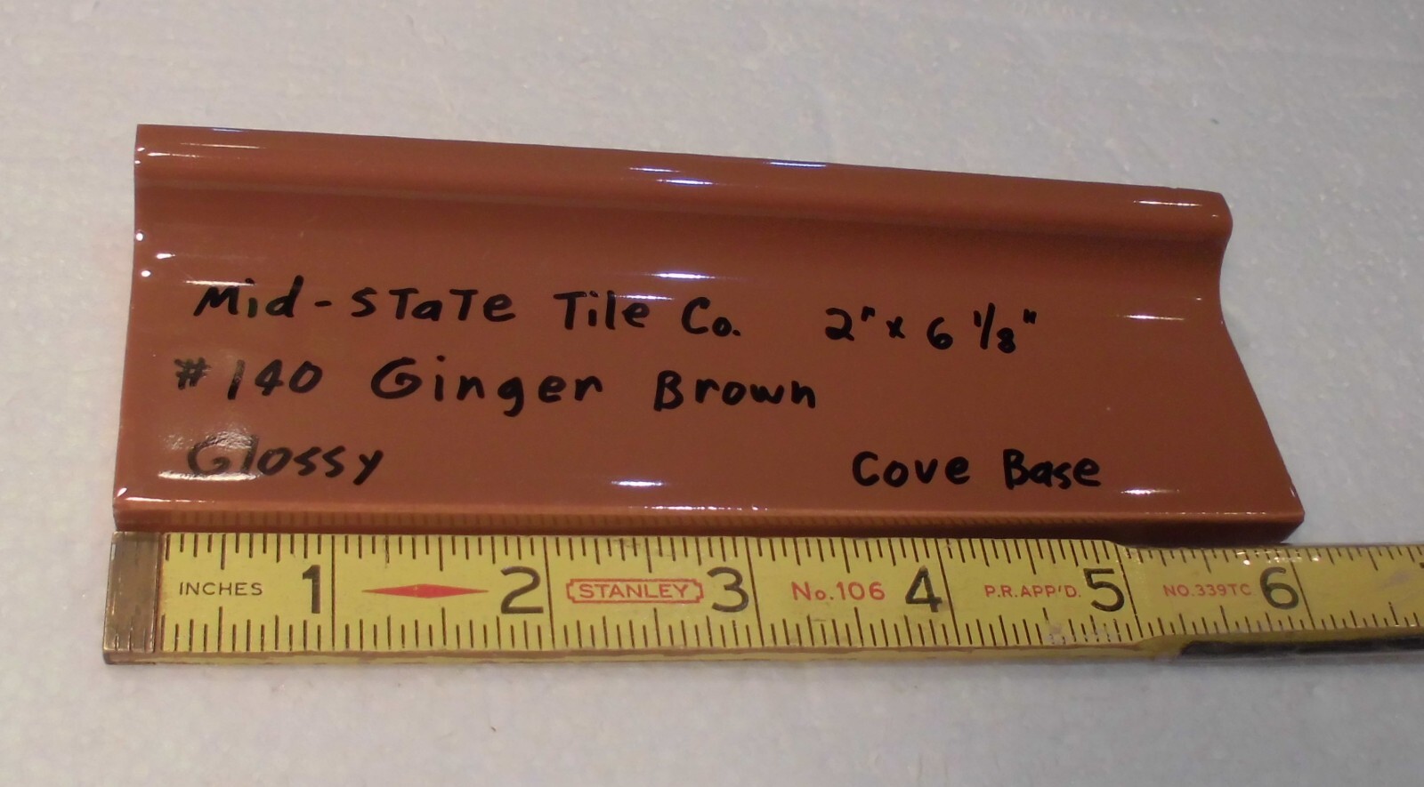 1 pc. Medium Brown: 2” X 6-1/8” Glossy Ceramic Cove Base Tile, Flat Top, NOS