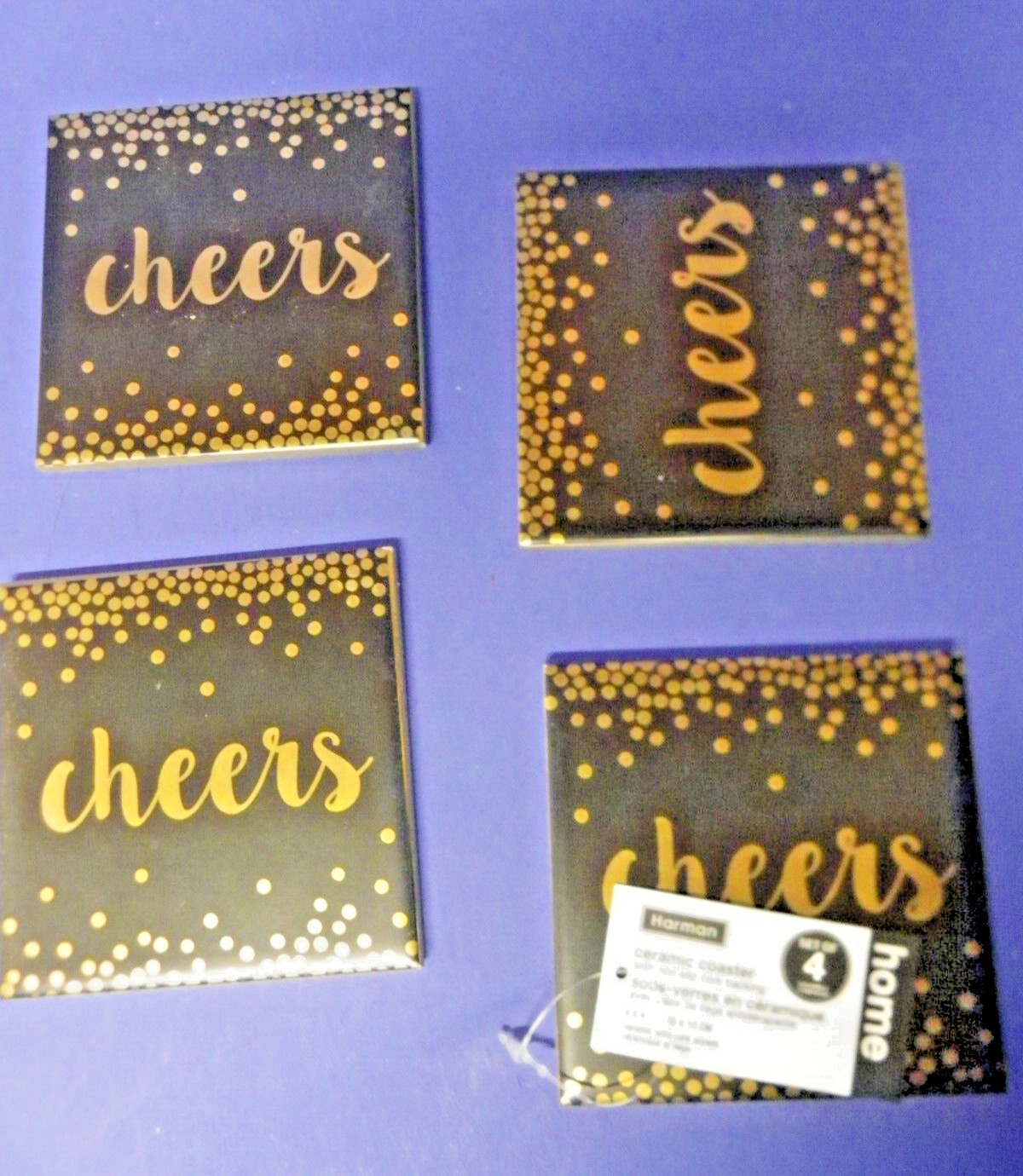 4 Harman Ceramic Drink Coasters Cork Back Black & Metallic Gold “Cheers” New
