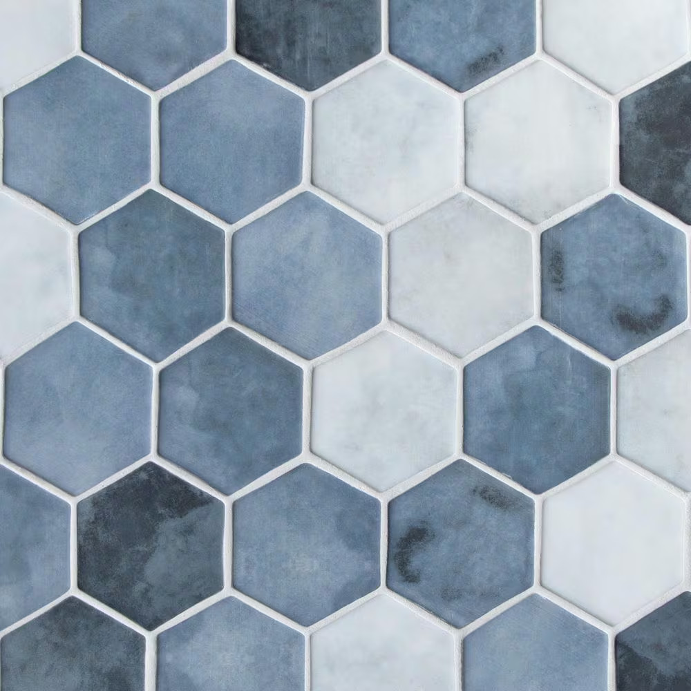 Hexagon Blue Mix 11.8 In. X 10.2 In. Matte Recycled Glass Cement Looks Floor and