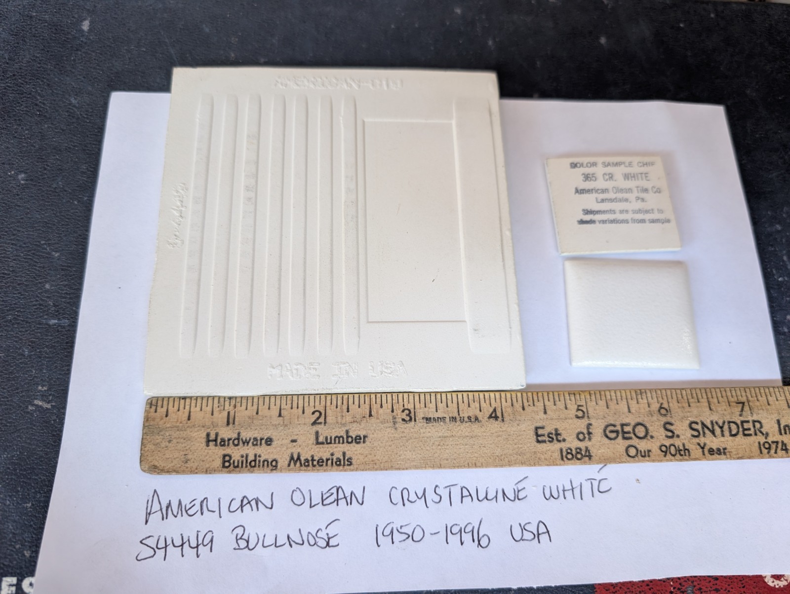 2 pc American Olean Crystalline White ceramic tile 4-1/4″ #365 Bullnose 60s 70s