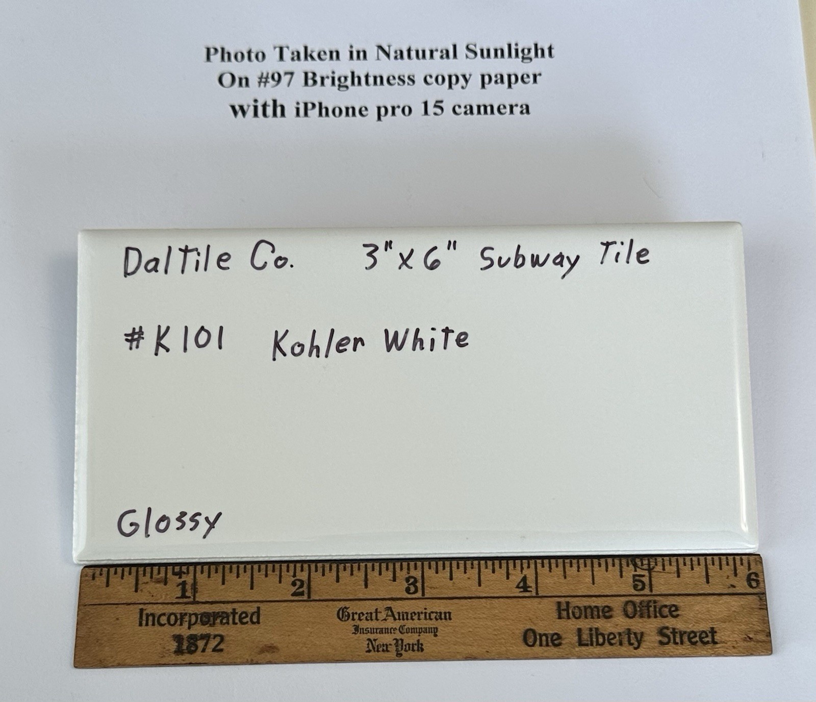 1 pc. Kohler White by Daltile #K-101: 3″ X 6″ Glossy Ceramic Tile, New Stock