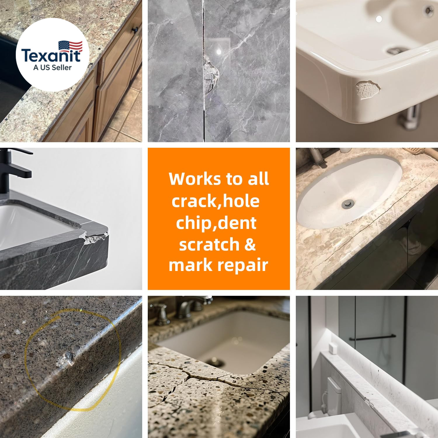Granite and Quartz Countertop Chip Filler Repair Kit Tile & Fiberglass Porcelain