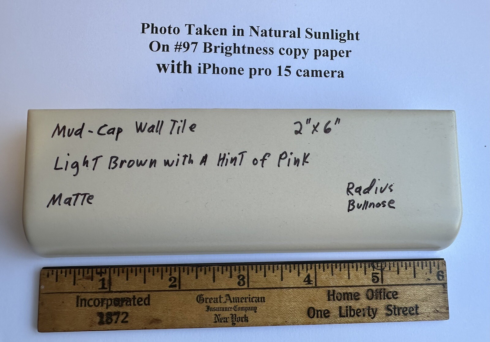 1 pc. Lite Brown+hint of pink: 2″ X 6″ X 5/8″ Matte Ceramic Radius Bullnose Tile