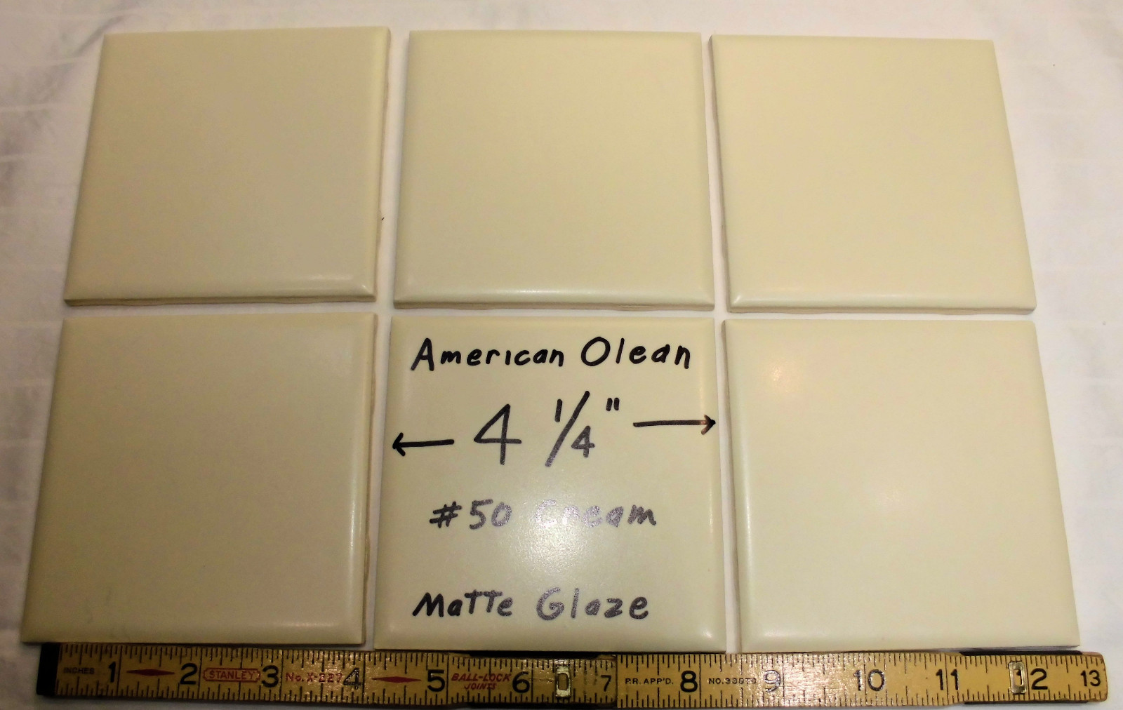 6 pcs. Vintage 4-1/4″ Matte Ceramic Tiles; by American Olean, A Soft Cream Color