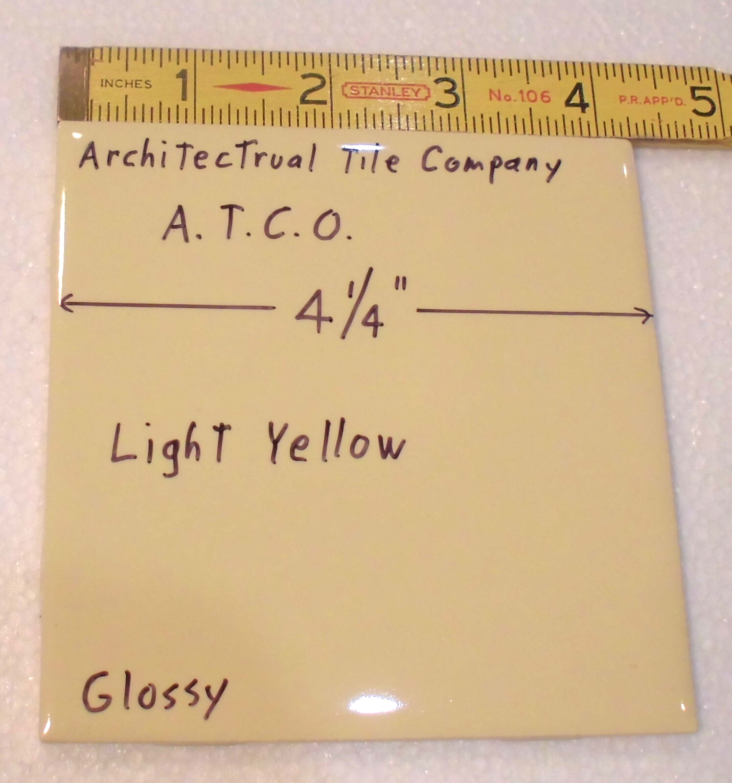 1 pc. Lighter Yellow: 4-1/4″ Glossy Ceramic Tile by A.T.C.O. Made in USA, New