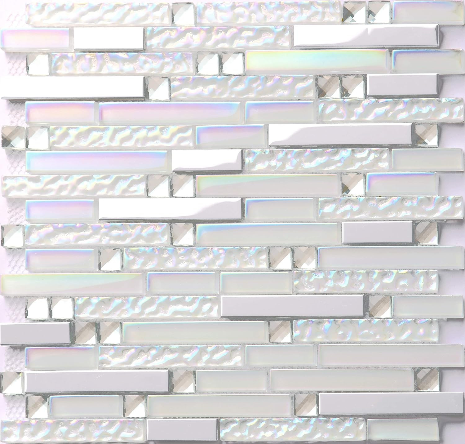 Glass Metal Tile Linear Mosaic Iridescent White Crystal Glass Chrome Metallic In