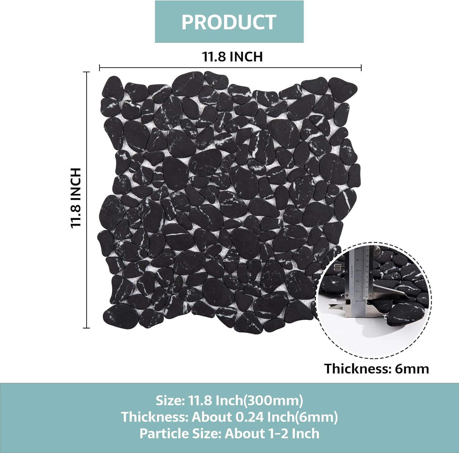 Pebble Tile for Shower Floor, Black Marble Veins Oval, 10 Sheets Pebble Mosaic B