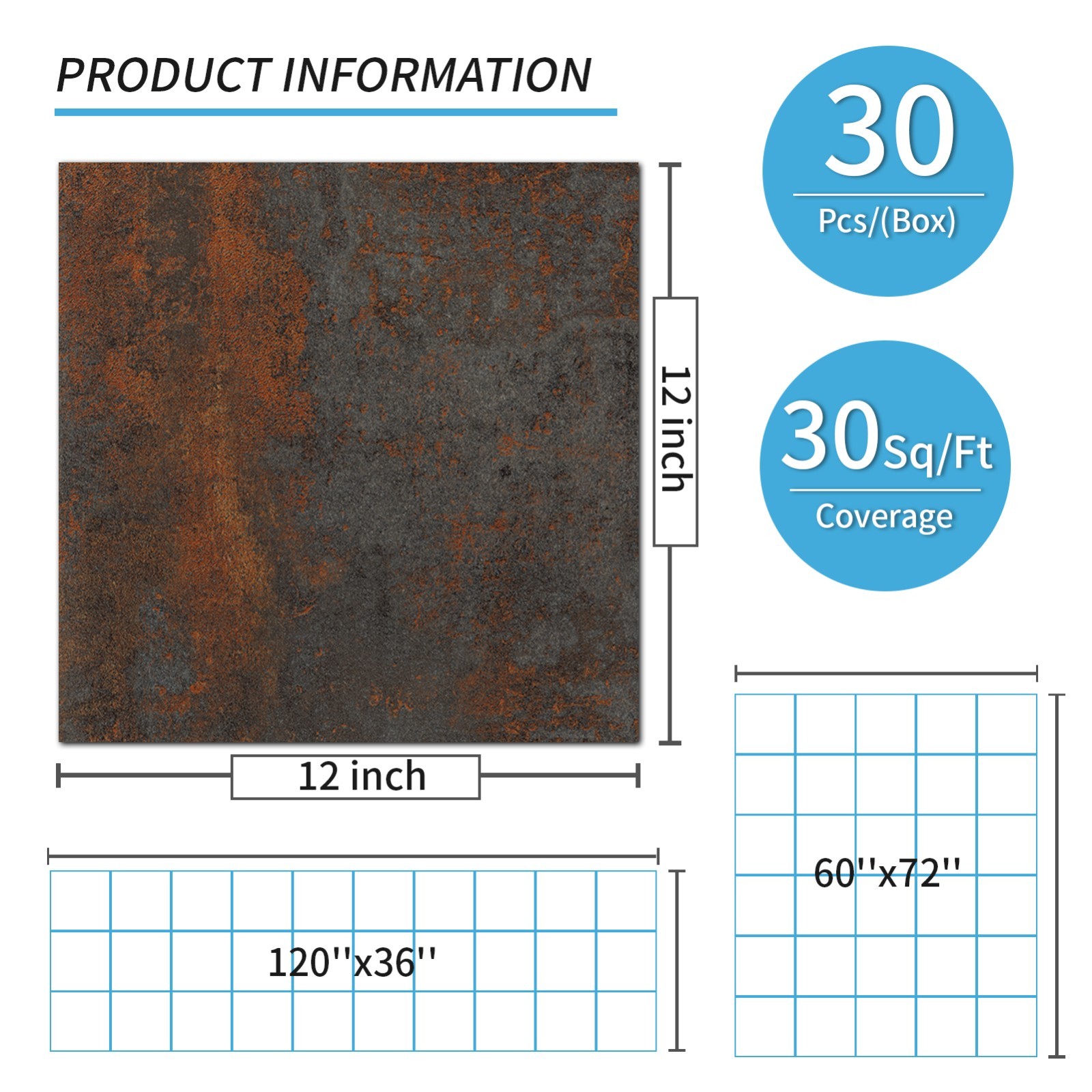 30-Pack Peel & Stick Vinyl Floor Tiles,12 x 12in Covers 30 Sq.ft – Rust Granite