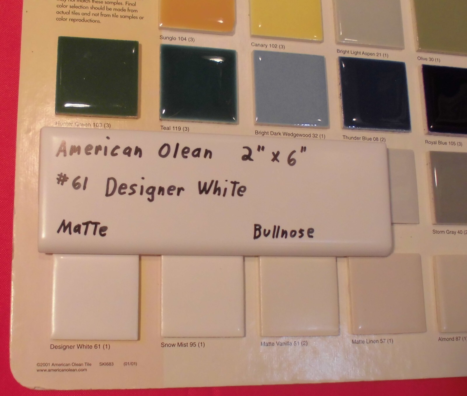 1 pc. Ceramic Bullnose Tile 2” X 6” Matte Designer White #61: by American Olean