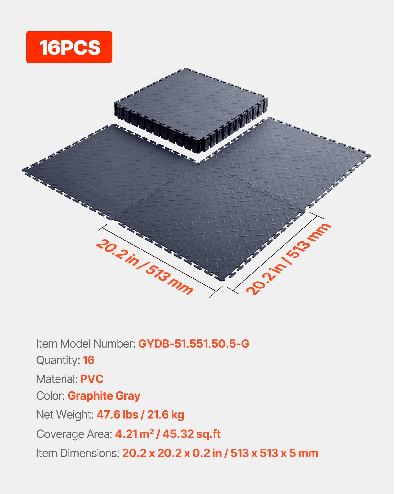 VEVOR Garage Floor Tiles Interlocking 16 Pack 20.2×20.2×0.2 in PVC Graphite Gray