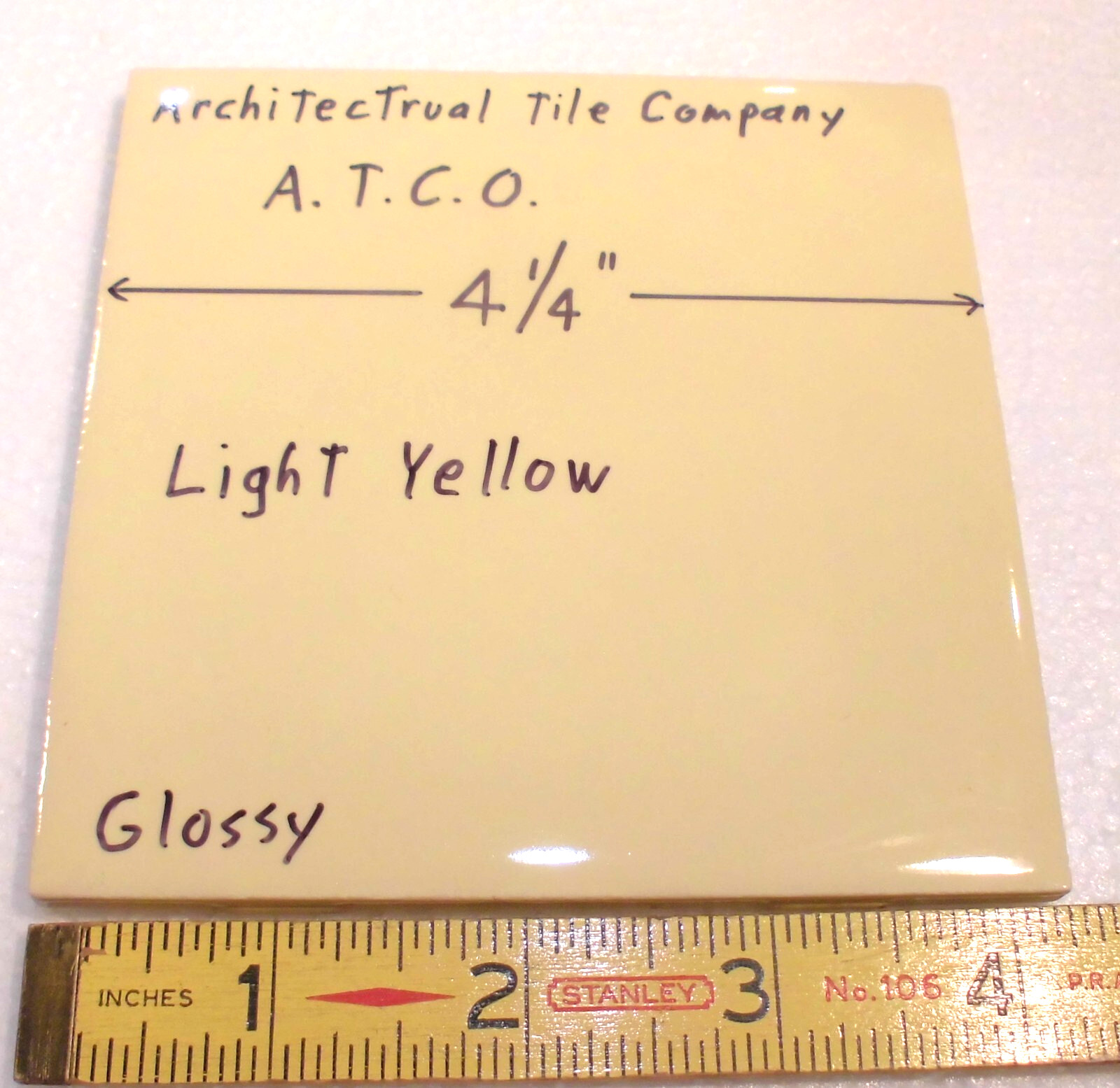 1 pc. Lighter Yellow: 4-1/4″ Glossy Ceramic Tile by A.T.C.O. Made in USA, New
