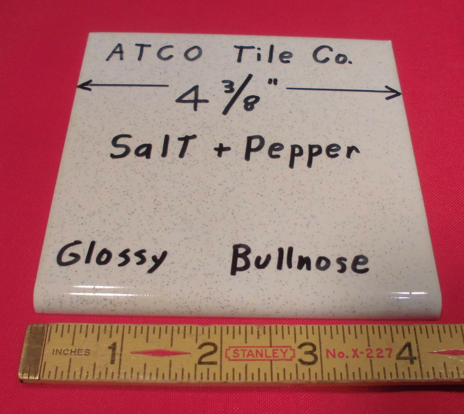1 pc. Vintage 4-3/8″ *Salt & Pepper* Glossy Ceramic Bullnose Tile by ATCO NOS