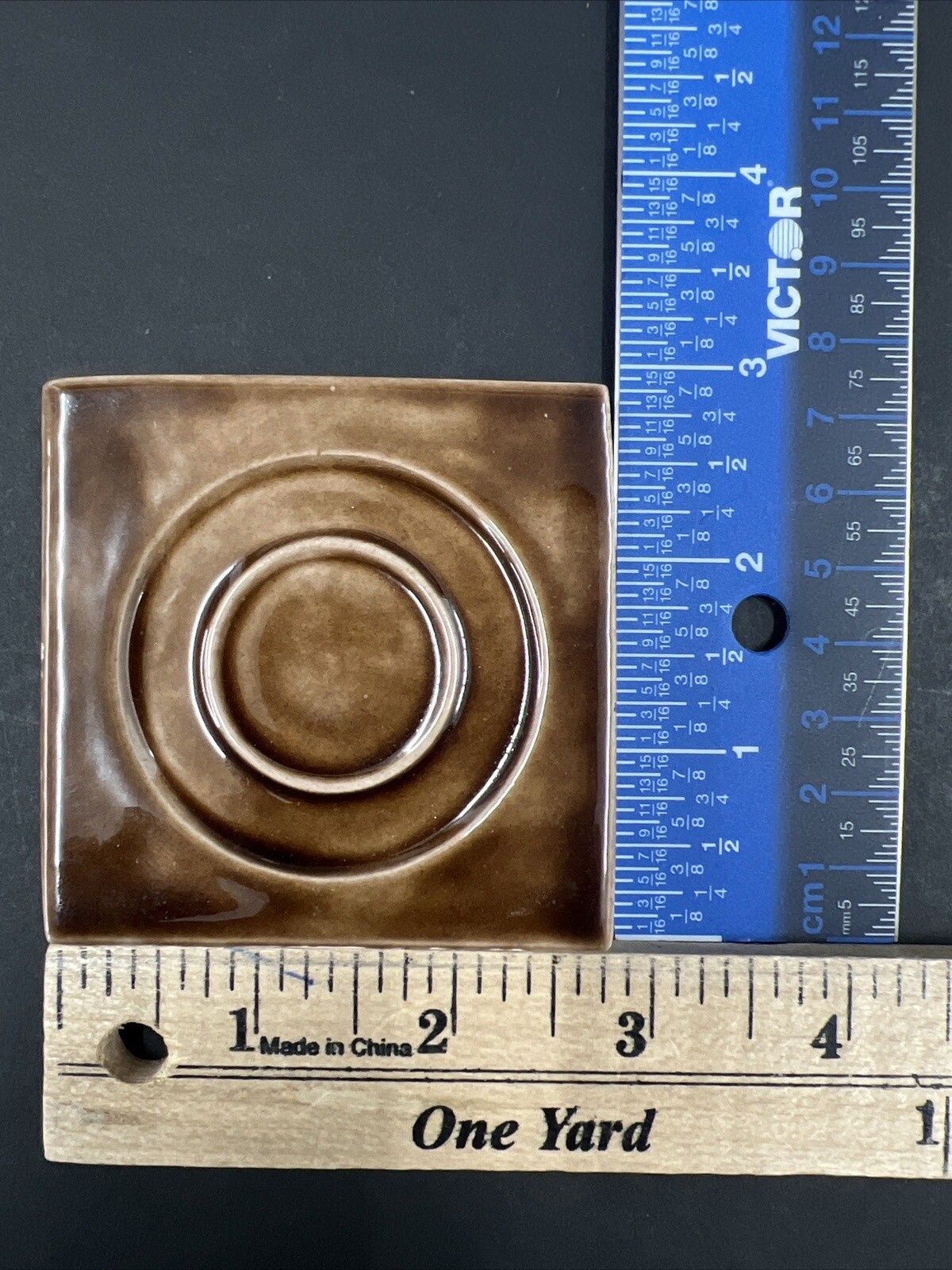 4 – Vintage Brown Ceramic Tile 2 7/8” Square 3/8” Thick Recessed Circles