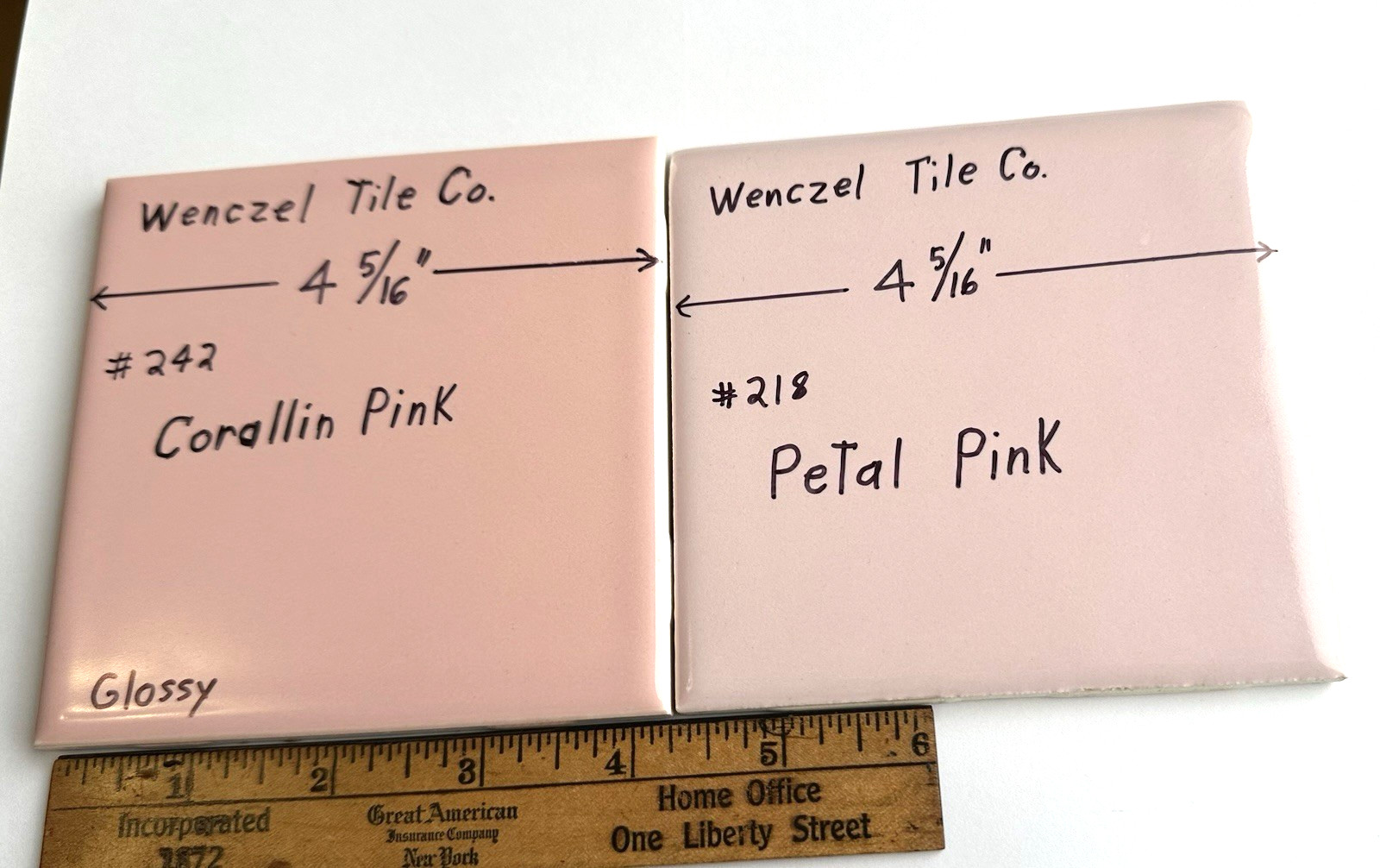 4 Corallin Pink Ceramic Tiles: by Wenczel Co. Used; all uncleaned & needs work