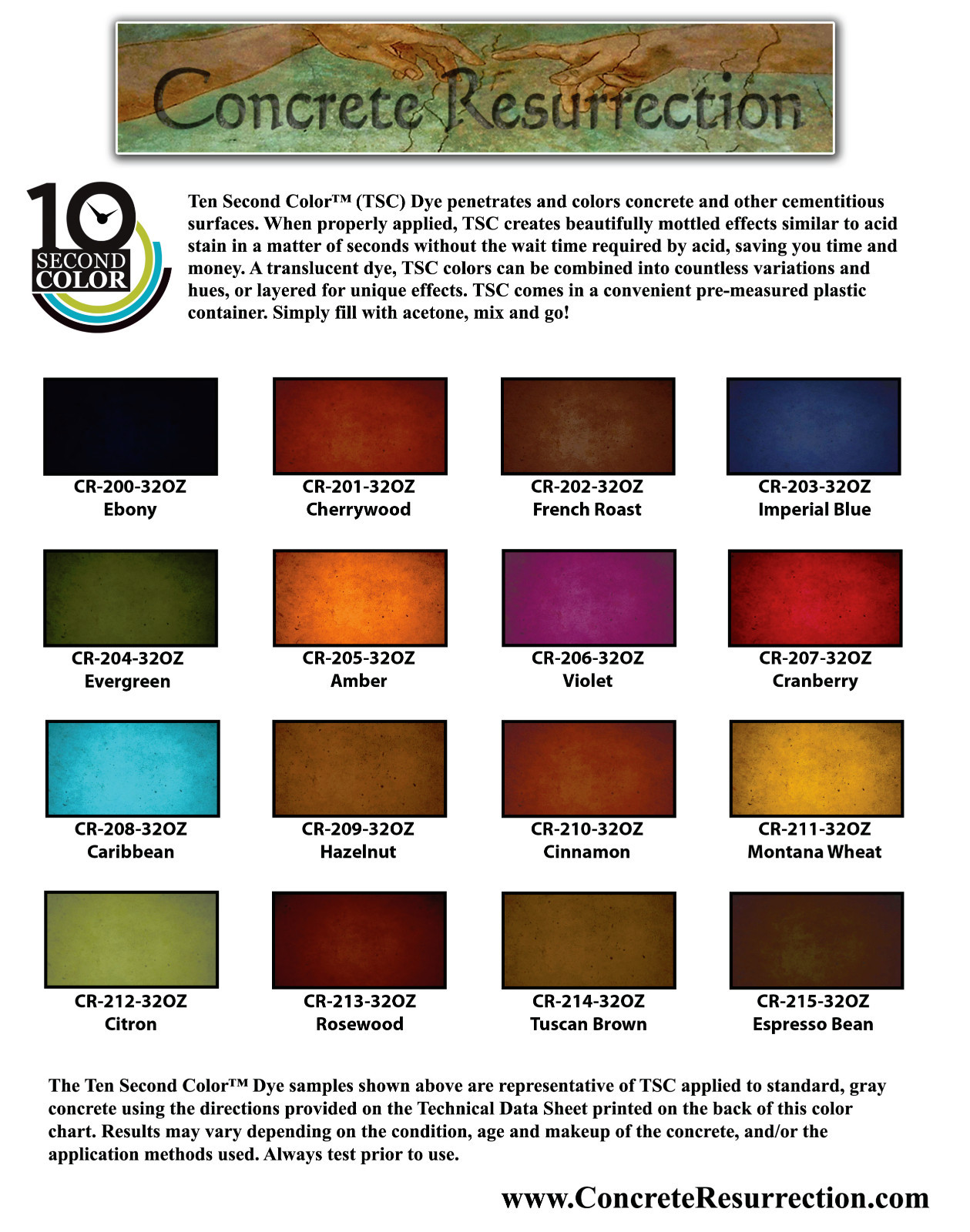 Fast Drying Concrete Stain-Professional-Easy to Use Sample Pack 16 4oz Bottles