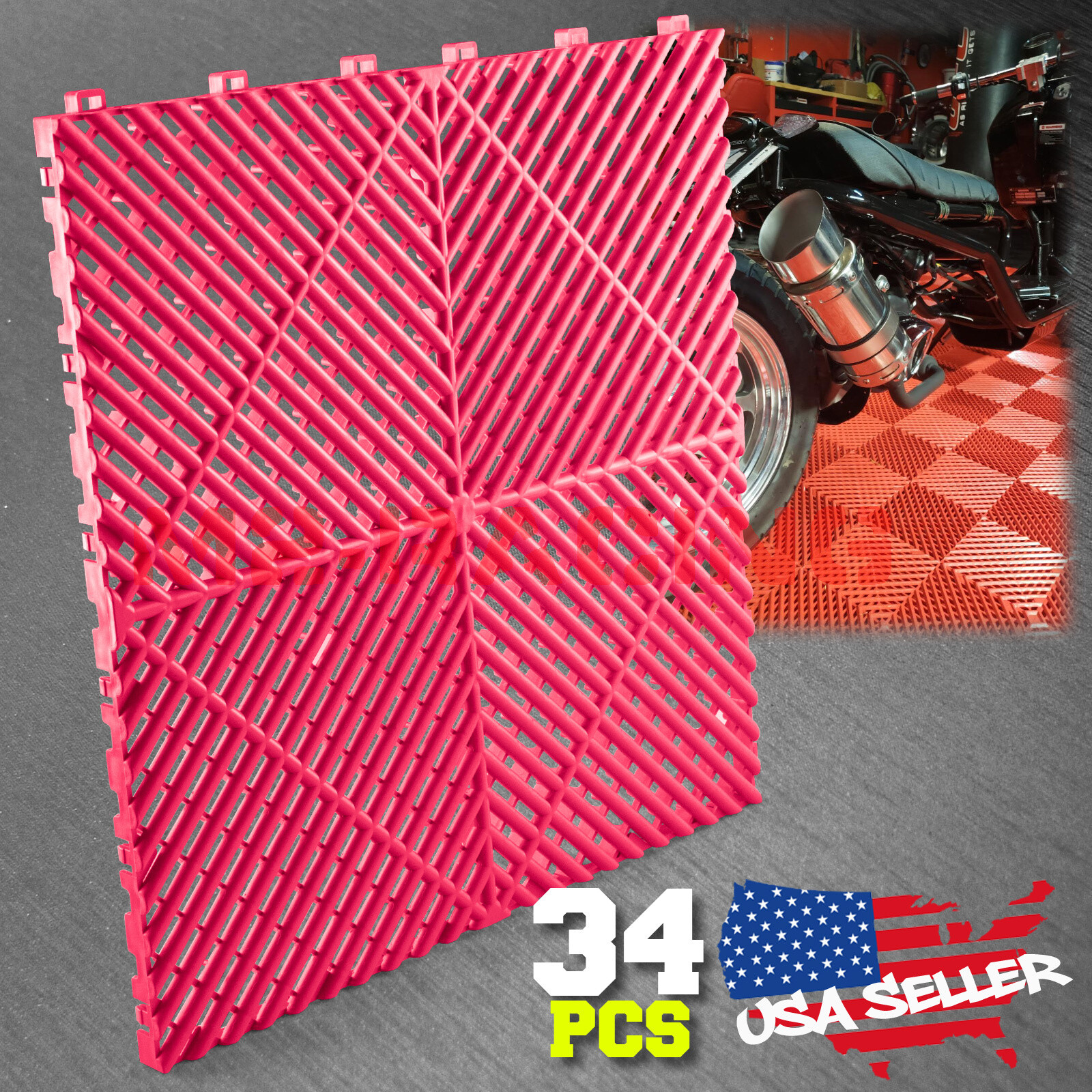 34pcs 16″x16″ Pink Garage Floor Mat Perforated Flooring Tile Shop Interlocking