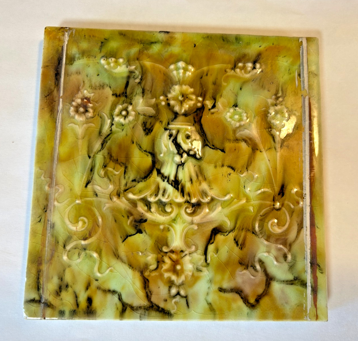 Cambridge Mottled Greens Antique Glaze Art Nouveau Majolica Tile 6″ X 6″