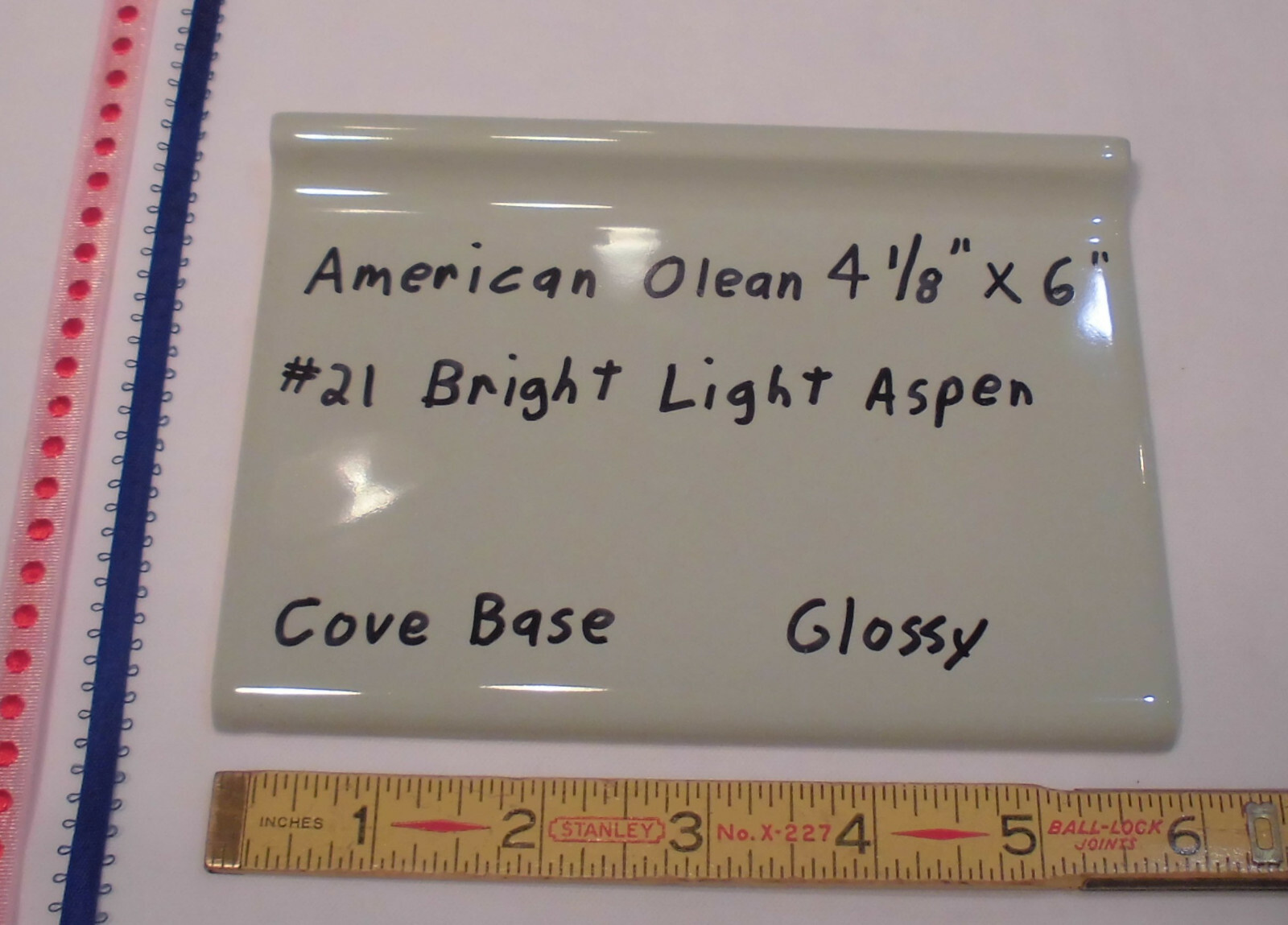 1 pc. Bright Light Aspen-Green; base/cove Ceramic Tile; 4-1/8″ X 6″ by A. O. #21