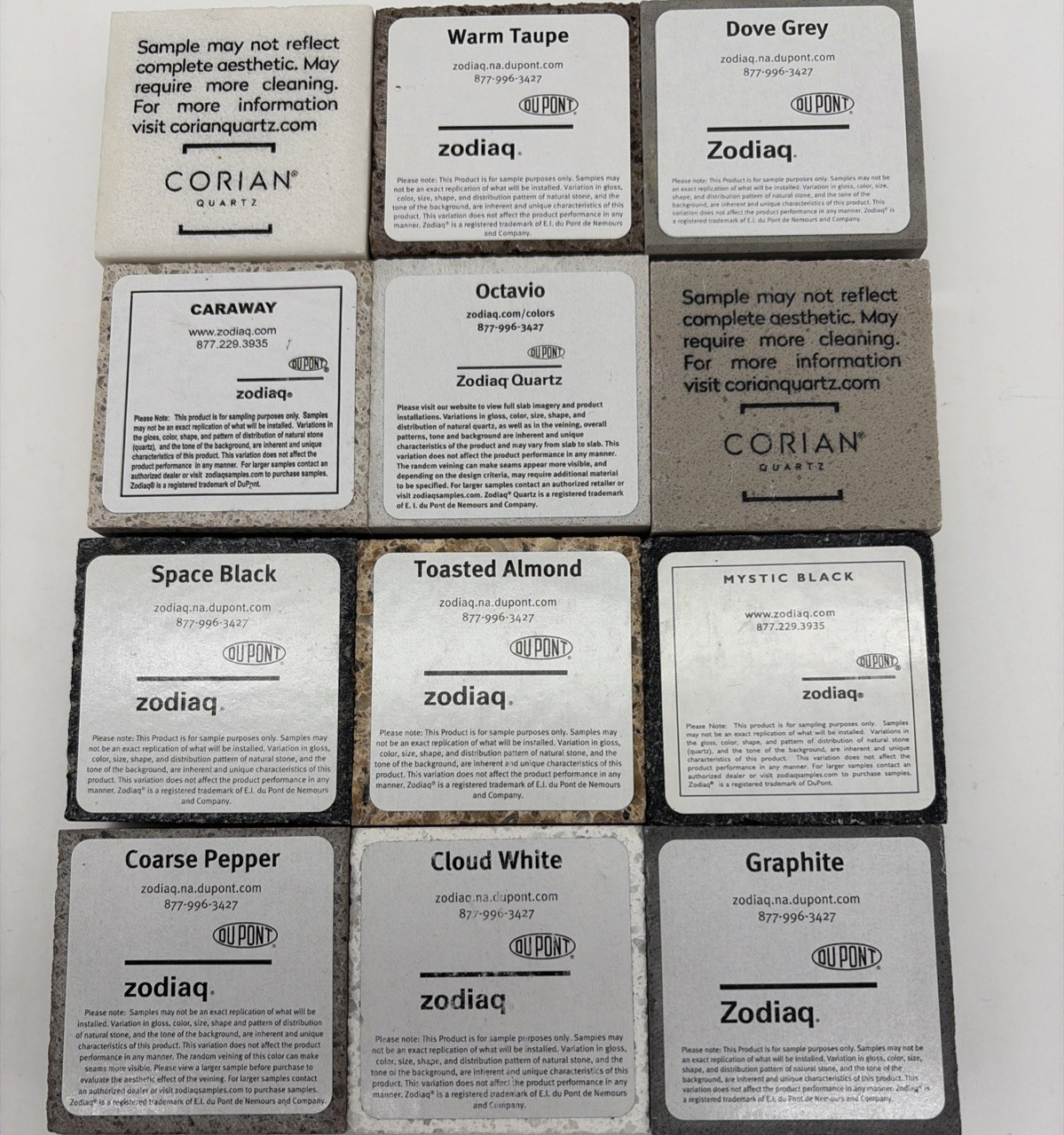 DuPont Zodiaq Quartz 12 Pc Swatches 2×2 Countertop Tile Sample Lot Corian Quartz