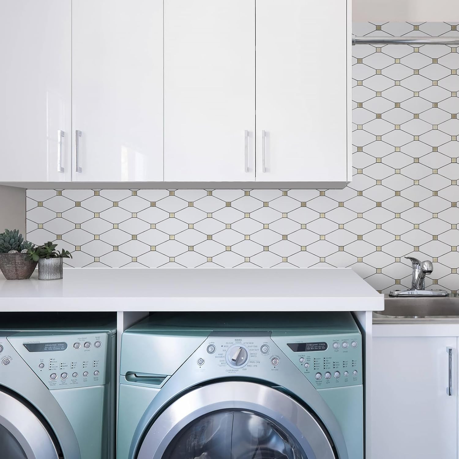 10 Sheets Peel and Stick Backsplash, Pure White Marble Look PVC Mixed Metal Gold