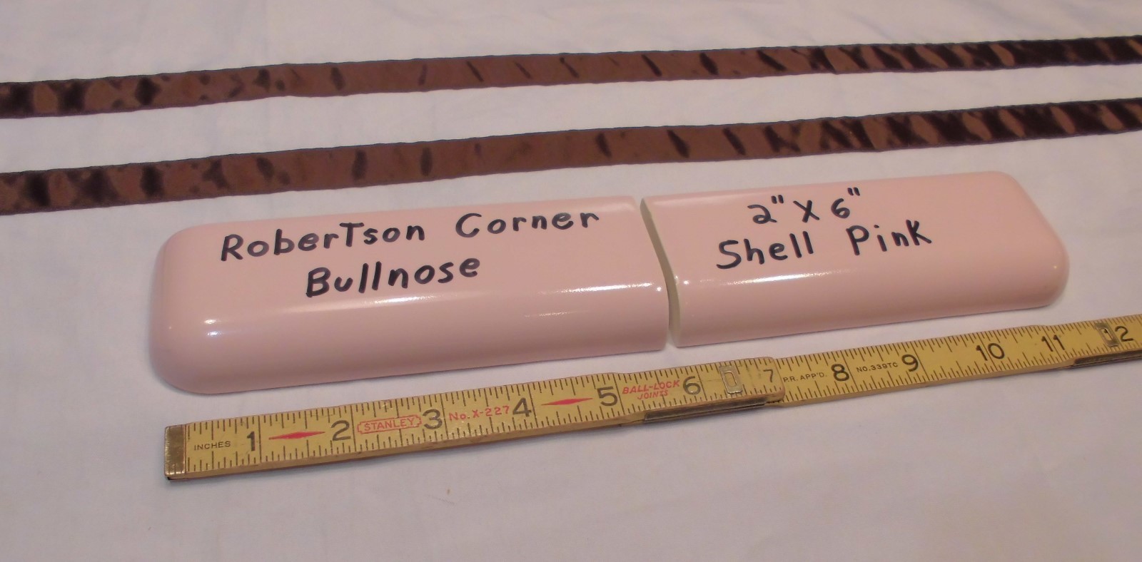2 pcs. *Shell Pink* 2″ X 6″ Ceramic Radius Bullnose Corner Tiles by Robertson