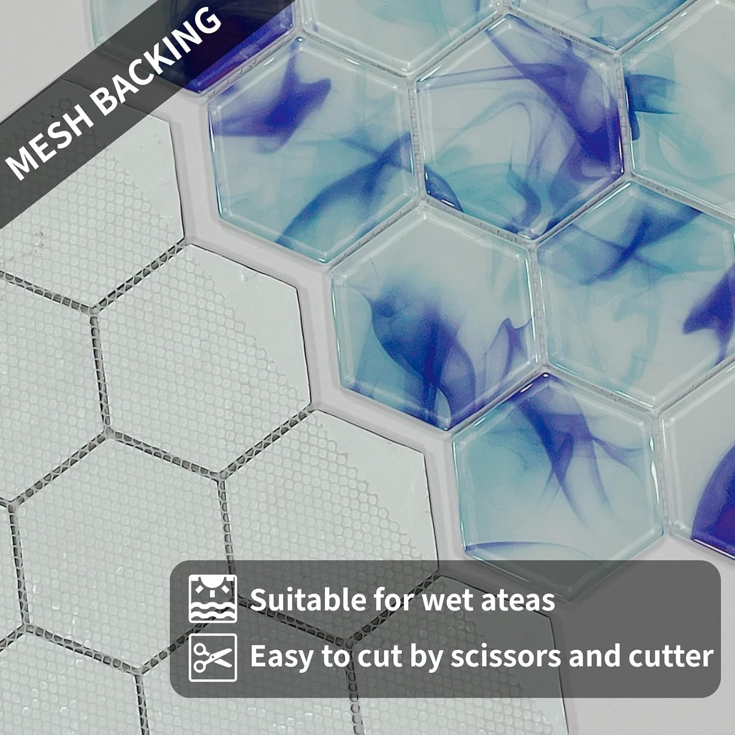 Ink Blue Hexagon Glass Mosaic Tiles – 5 Sheets for Pool & Kitchen Decor