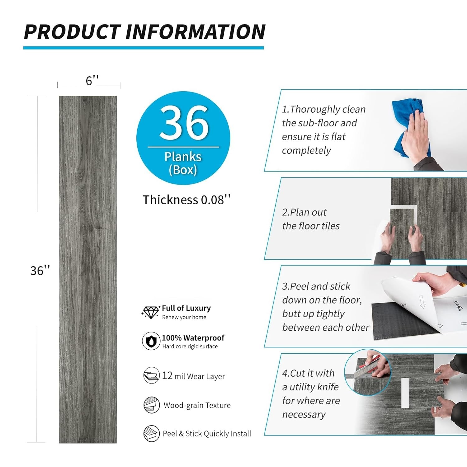 Suelo Vinílico Autoadhesivo Gris Oscuro 36 Piezas 54 Sq Ft Imitación Madera DIY