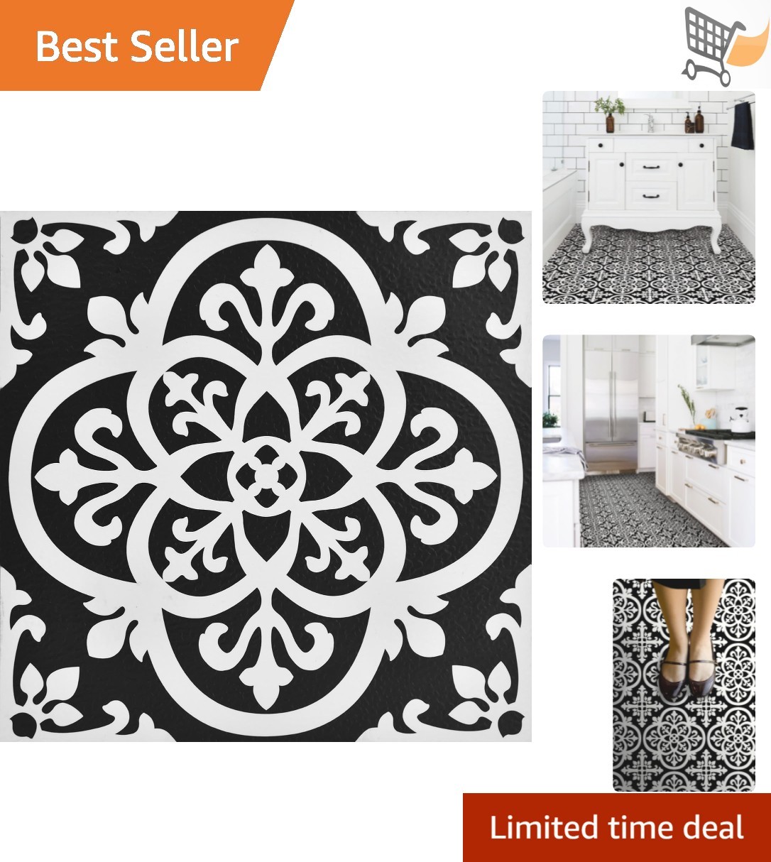 Black Gothic Peel & Stick Floor Tiles Waterproof Easy Install Patterned