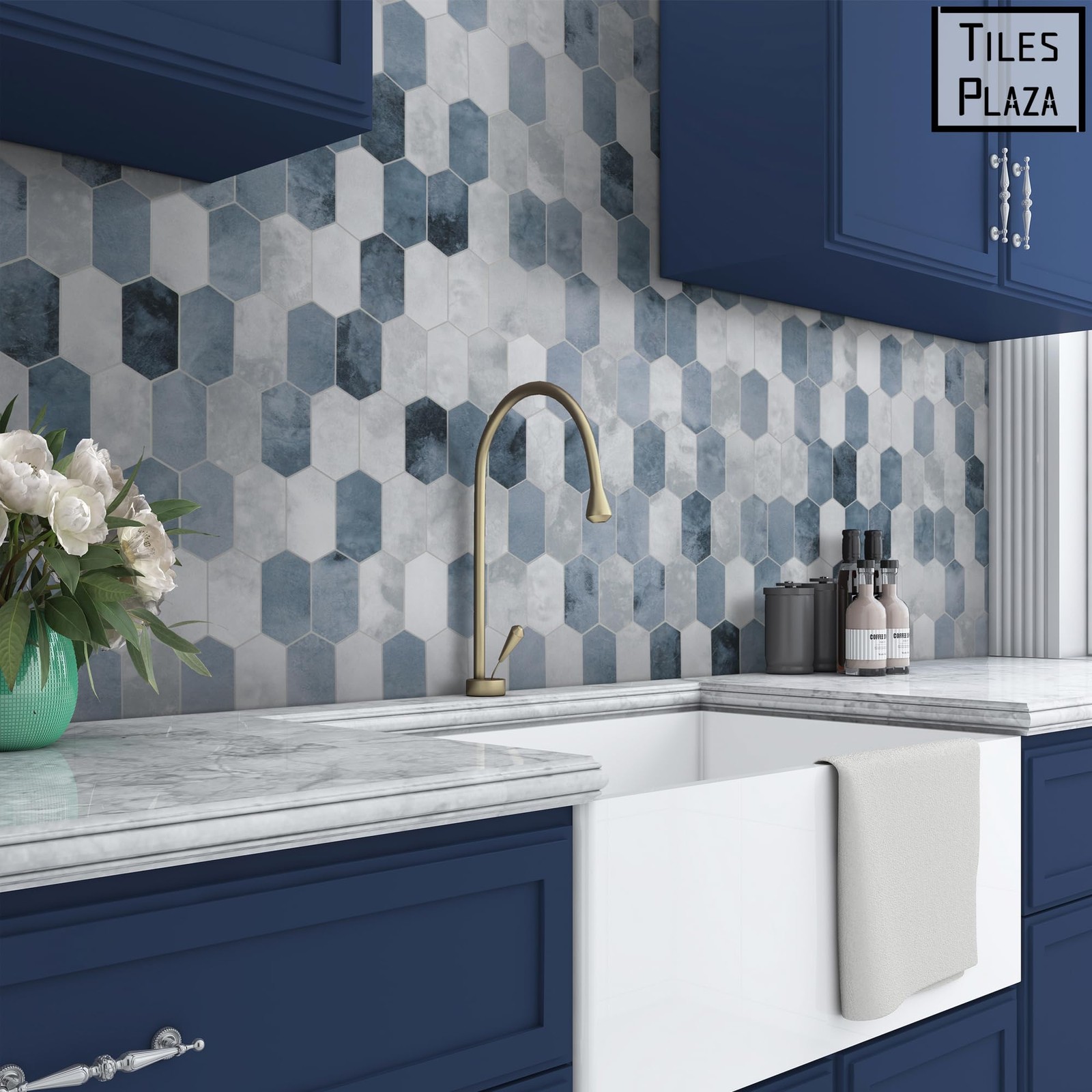 10-Sheet Peel and Stick Backsplash, 12″ x 11.5″ Blue Cement Long Hexagon Self…